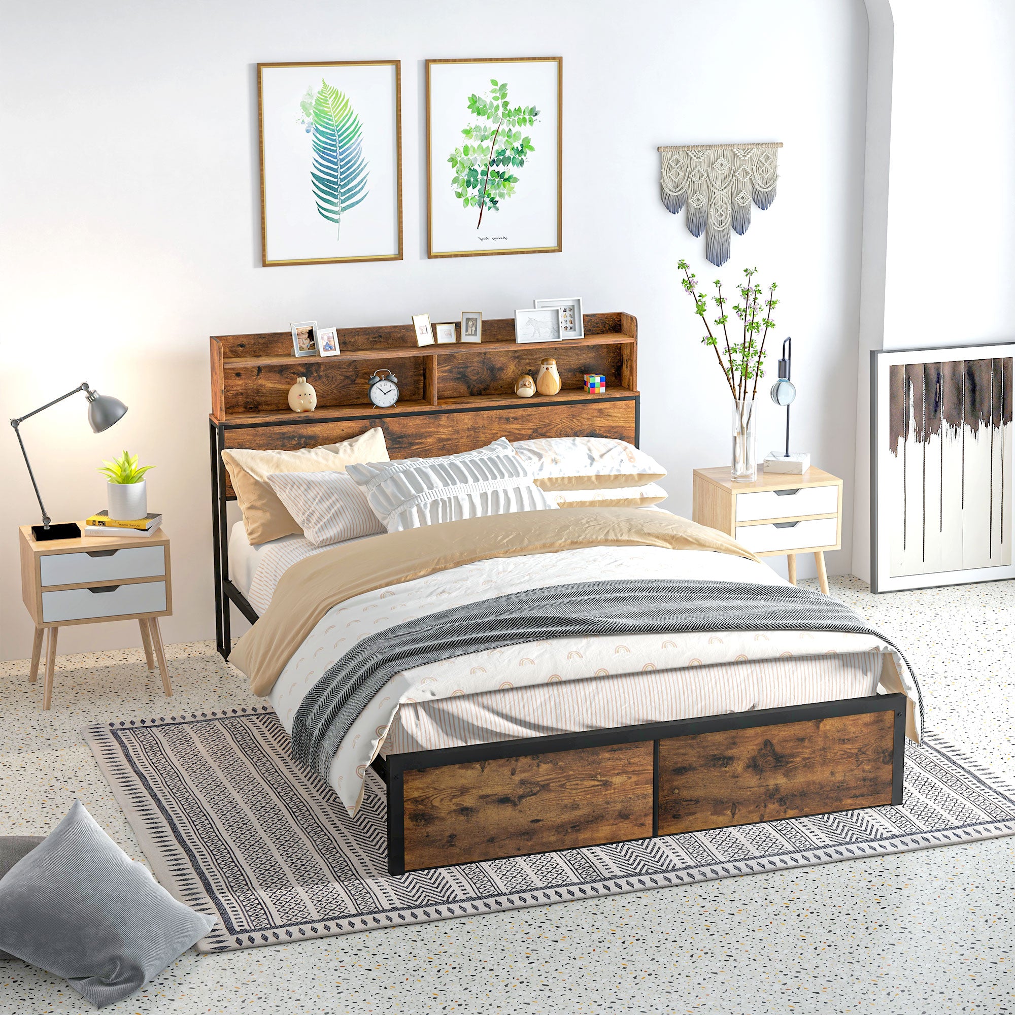 HOMCOM Industrial King Bed Frame, 5.2FT Steel Bed Base with Storage Headboard, Footboard, Slatted Support and Under Bed Storage, 158 x 222cm, Rustic Brown - North Peak Garden Furniture