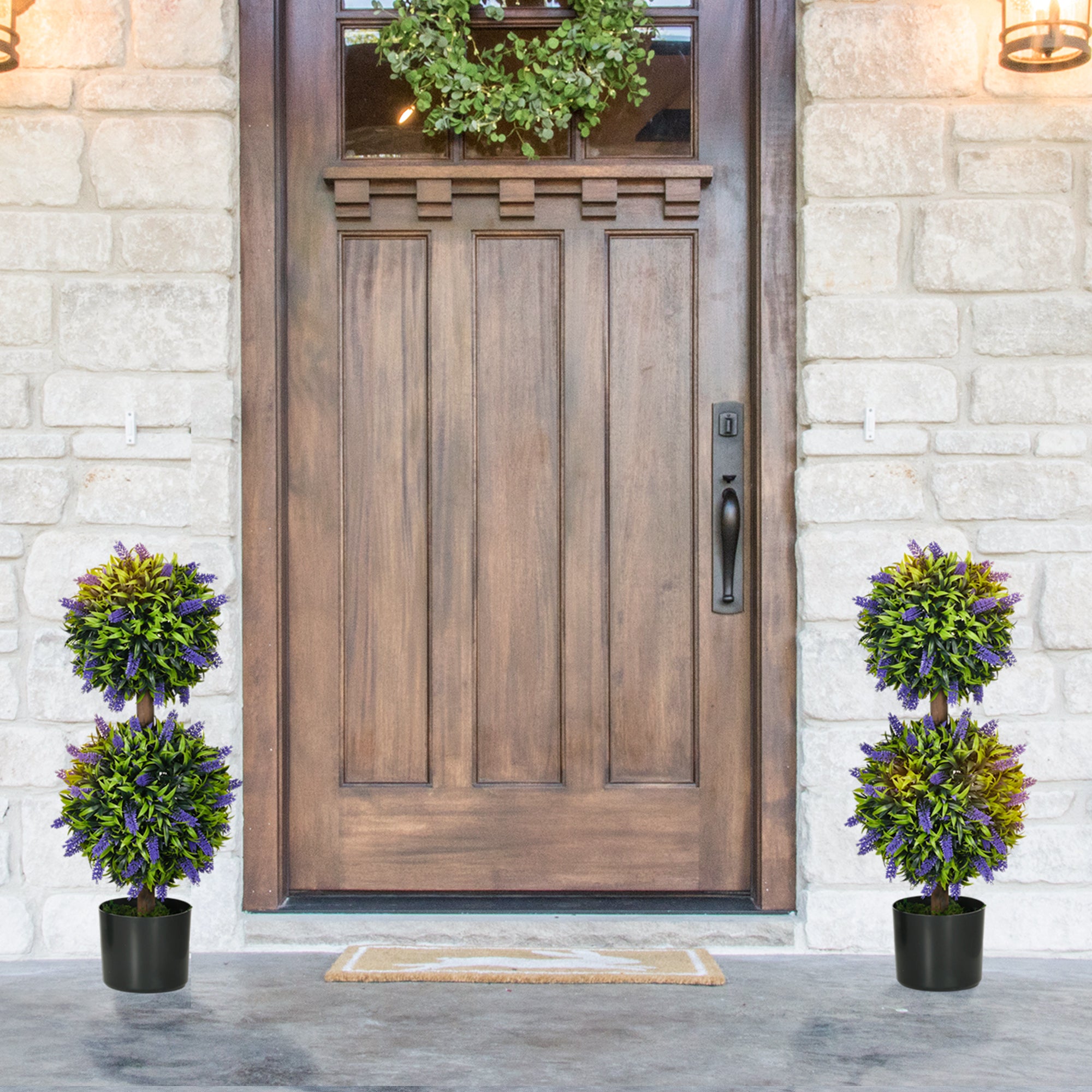 HOMCOM Set of 2 Artificial Plants, Lavender Flowers Ball Trees with Pot, for Home Indoor Outdoor Decor, 70cm - North Peak Garden Furniture