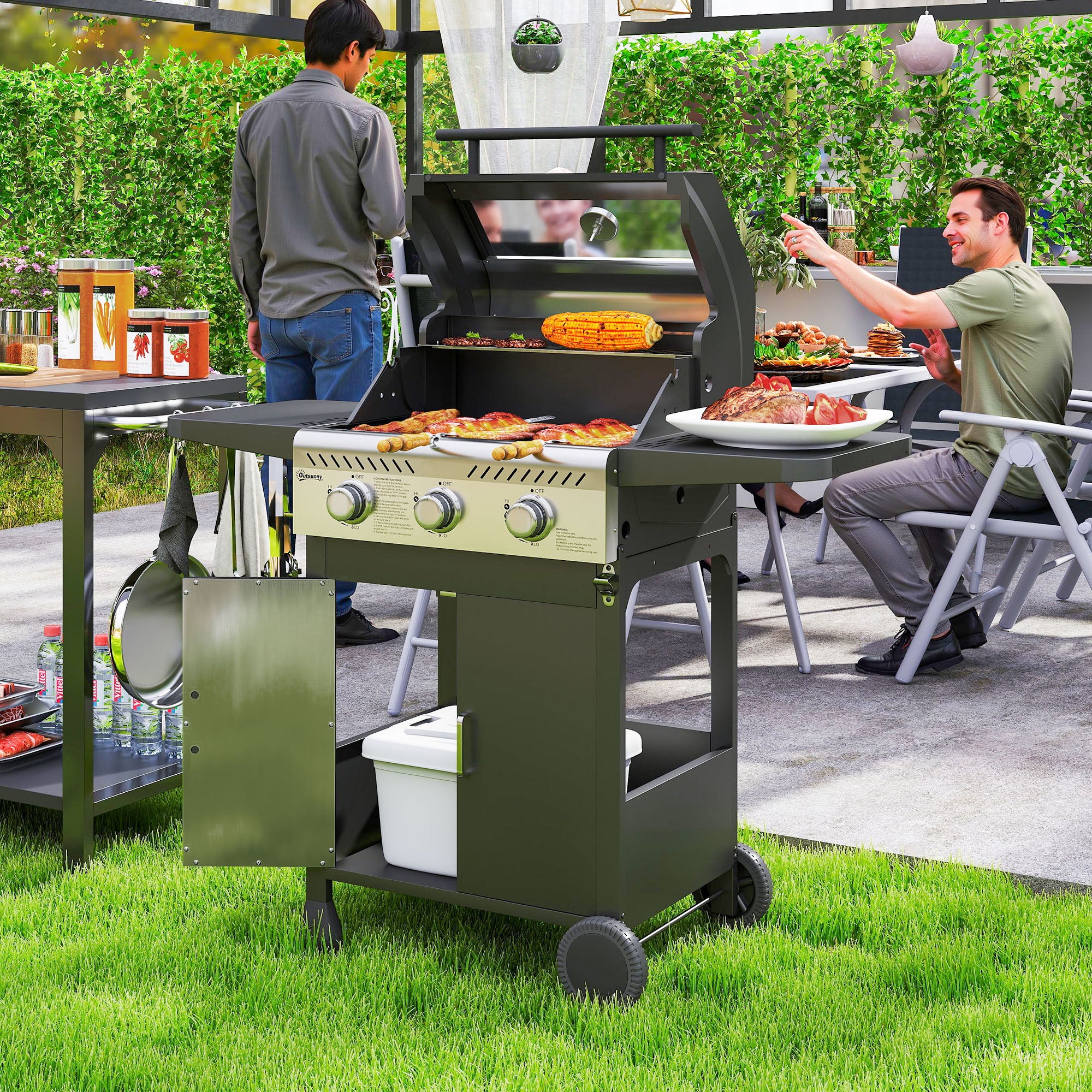 Outsunny 7.5kW Three-Burner Gas BBQ Grill, with See-Through Lid - Black - North Peak Garden Furniture