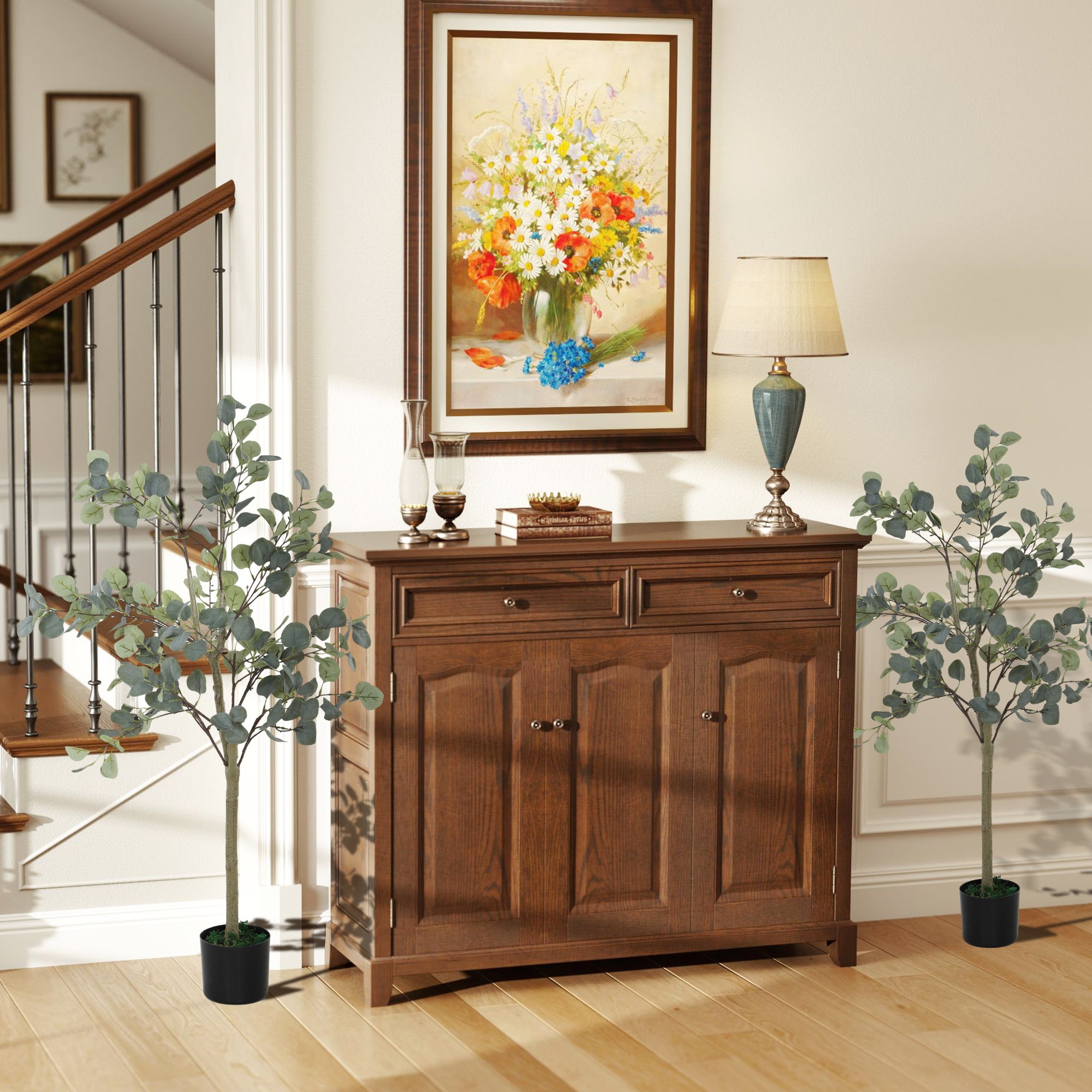 HOMCOM Set of 2 Decorative Artificial Plants, 4ft/ 120cm Silk Eucalyptus Trees with 230 Silver Dollar Leaves in Pot, Fake Plants for Home, Office, Living Room, Indoor Decor - North Peak Garden Furniture