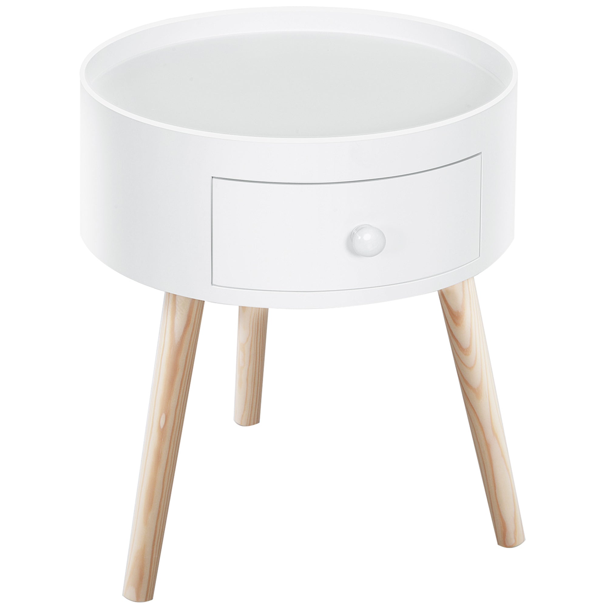 HOMCOM Modern Side Table, Small Coffee Table, Round Bedside Table with Drawer and Wood Legs for Living Room, Bedroom, White - North Peak Garden Furniture