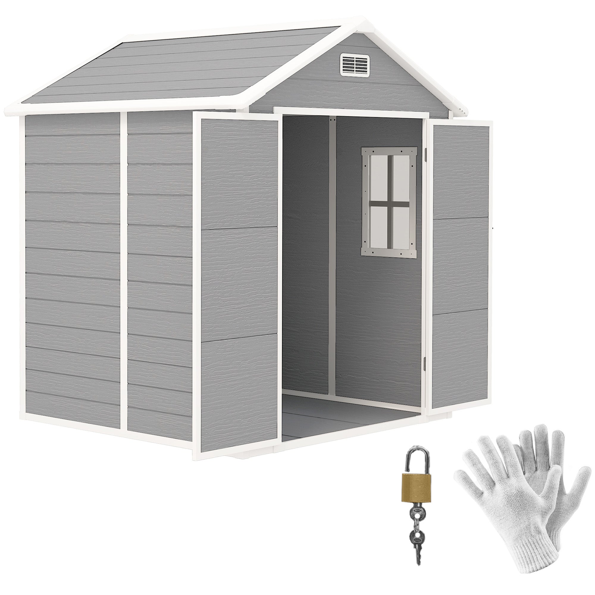 Outsunny 6 x 5ft Garden Shed, Plastic Shed with Floor, Window, Lockable Doors and Vents, Wood Effect Resin Tool Shed for Outdoor Patio, Dark Grey - North Peak Garden Furniture
