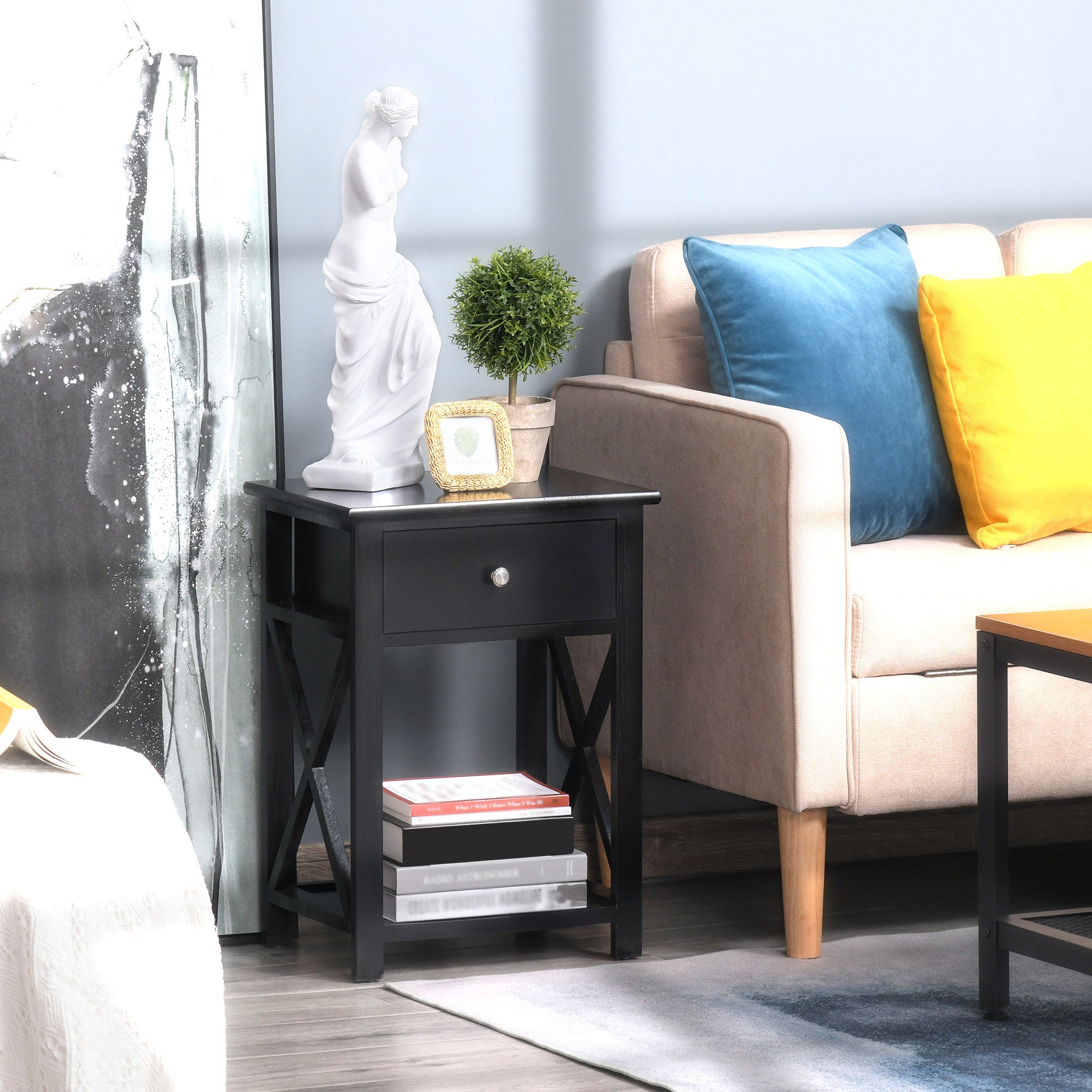 HOMCOM End Table, Sofa Side Table with Drawer X Bar Bottom Storage Shelf, Nightstand Bedside Table for Bedroom or Living Room Black - North Peak Garden Furniture