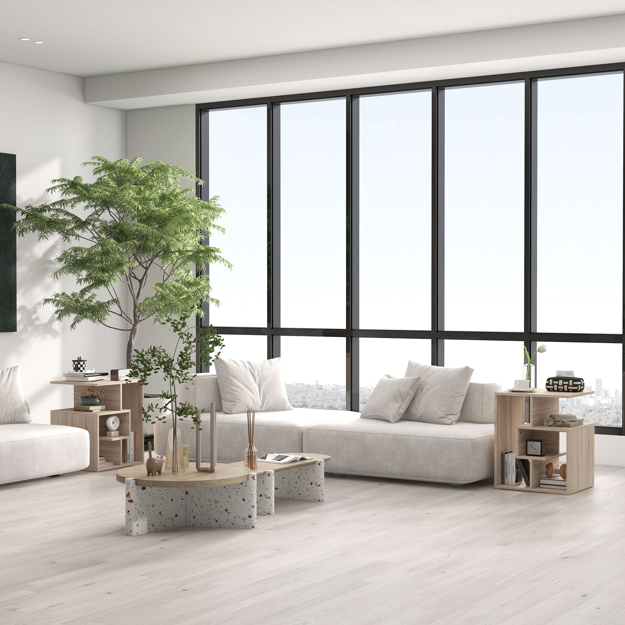 HOMCOM Side Table, 3 Tier End Table with Open Storage Shelves, Living Room Coffee Table Organiser Unit, Set of 2, Oak Colour - North Peak Garden Furniture