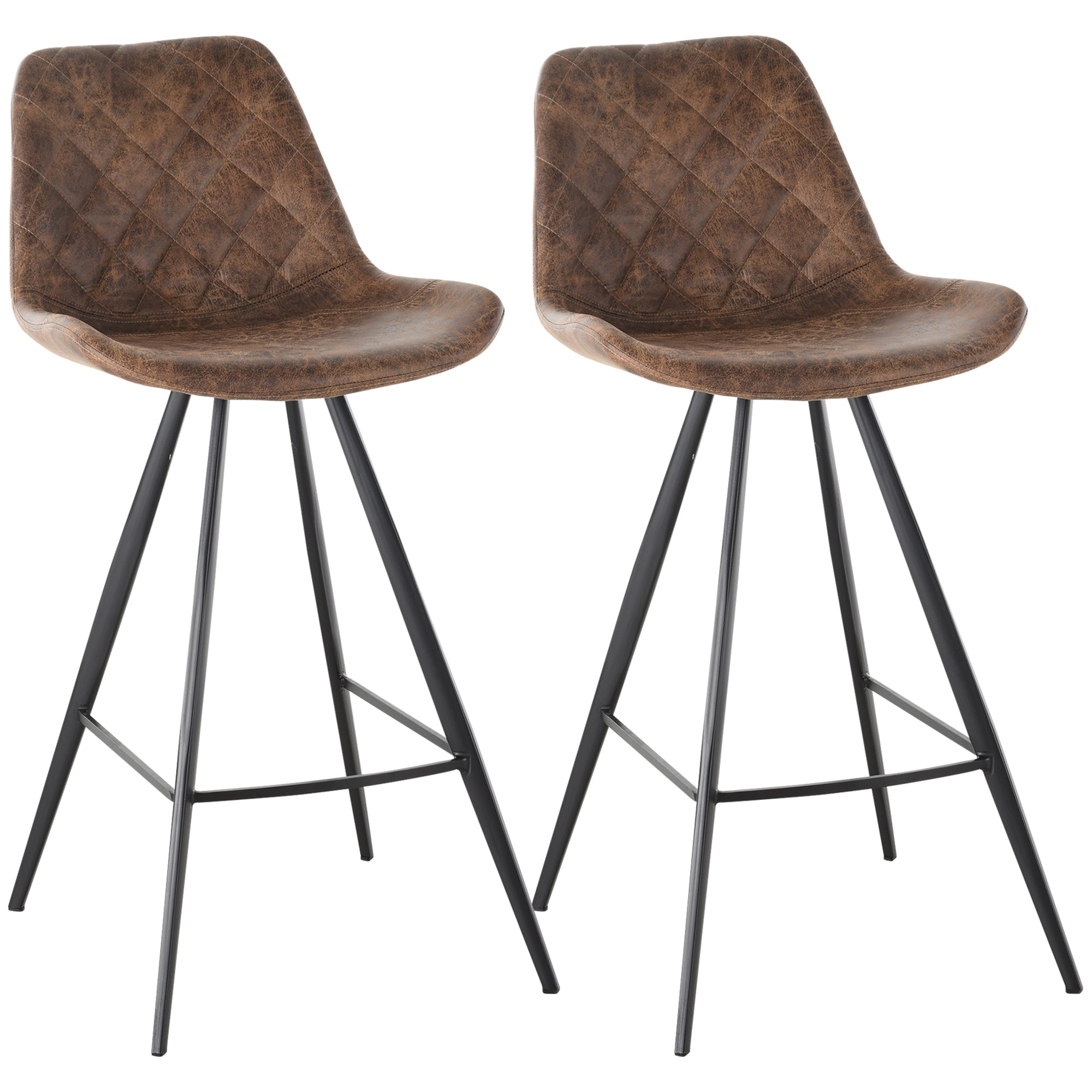 HOMCOM Set Of 2 Bar Stools Vintage Microfiber Cloth Tub Seats Padded Comfortable Steel Frame Footrest Quilted Home Bar Cafe Kitchen Chair Stylish Brown - North Peak Garden Furniture