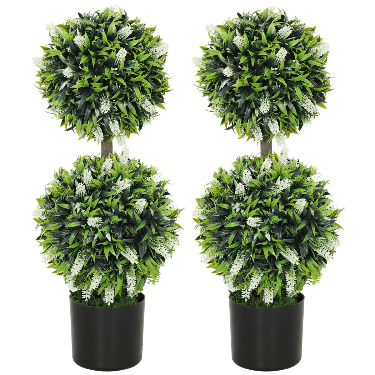 HOMCOM Set of 2 Decorative Artificial Plants Ball Trees with Lavender Flowers in Pot Fake Plants for Home Indoor Outdoor Decor, 70cm, White
