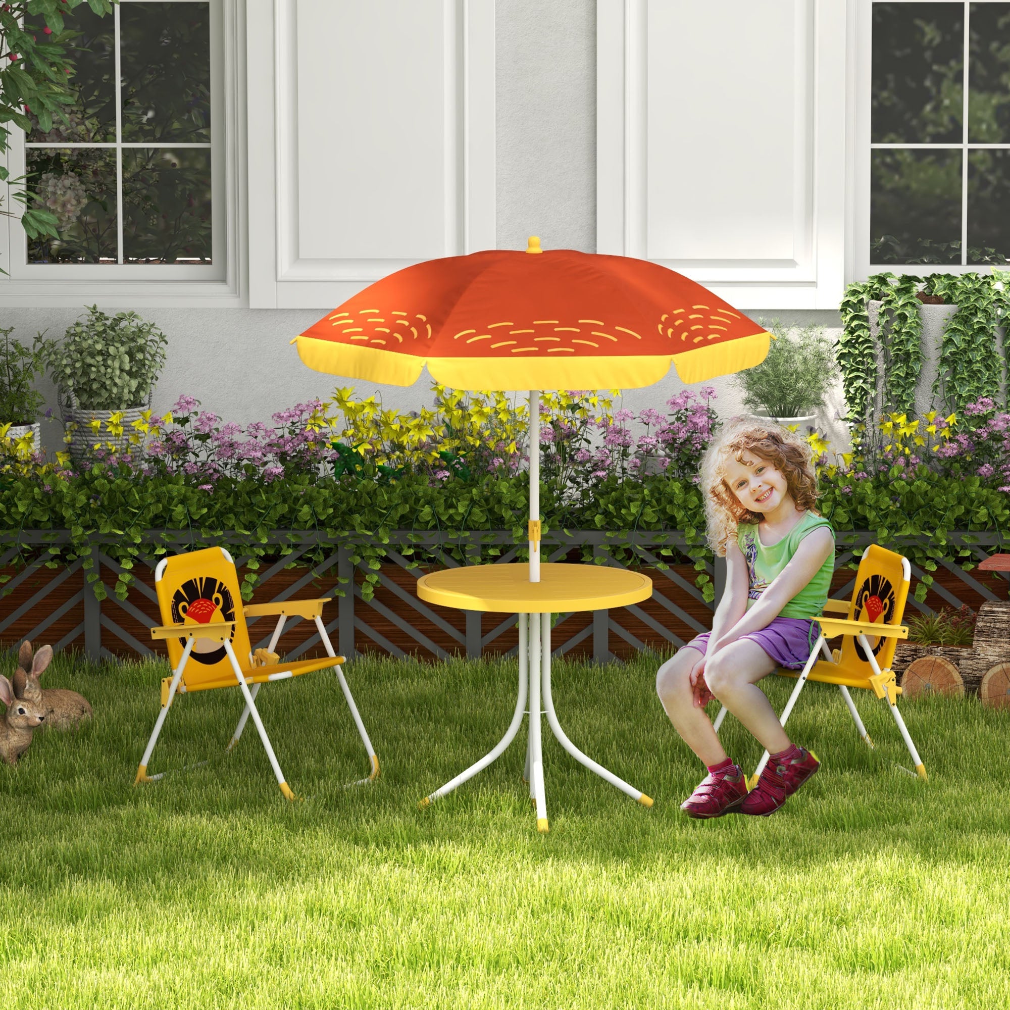 Outsunny Kids Picnic Table and Chair Set, Lion Themed Outdoor Garden Furniture w/ Foldable Chairs, Adjustable Parasol - Yellow - North Peak Garden Furniture
