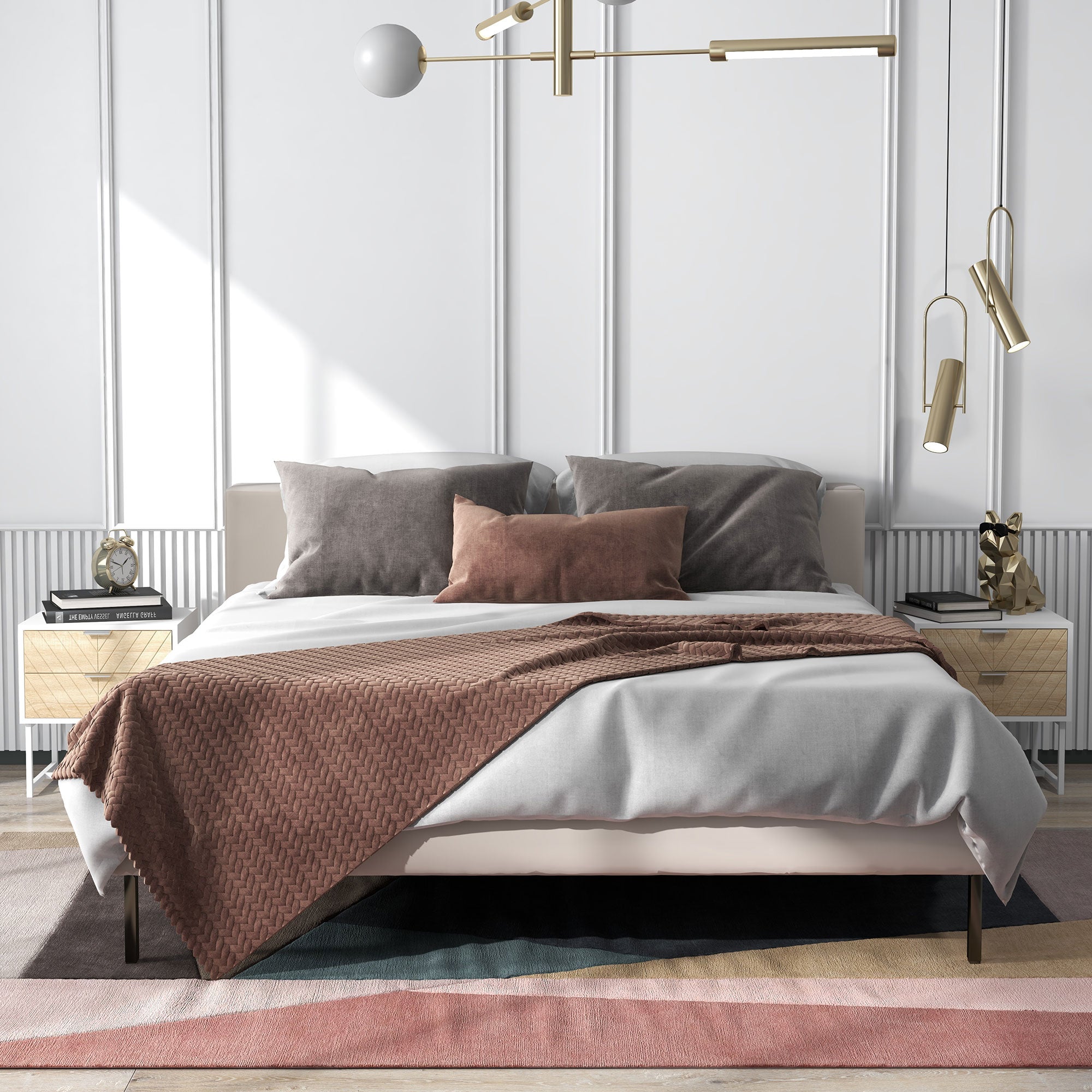 HOMCOM Modern Bedside Table with 2 Drawers and Metal Frame, Sofa Side Table for Bedroom Living Room, Set of 2, White and Oak - North Peak Garden Furniture