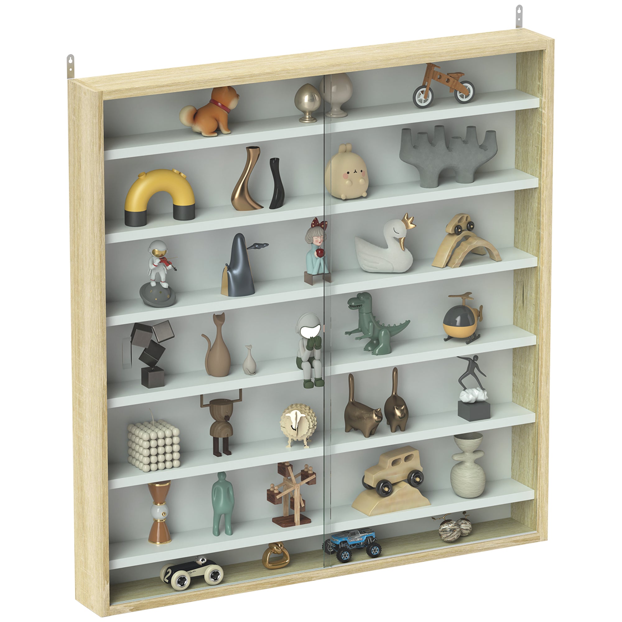 HOMCOM 7-Tier Wall Display Shelf Unit Cabinet w/ 6 Adjustable Shelves Glass Doors Home Office Ornaments 83x80cm, Oak - North Peak Garden Furniture