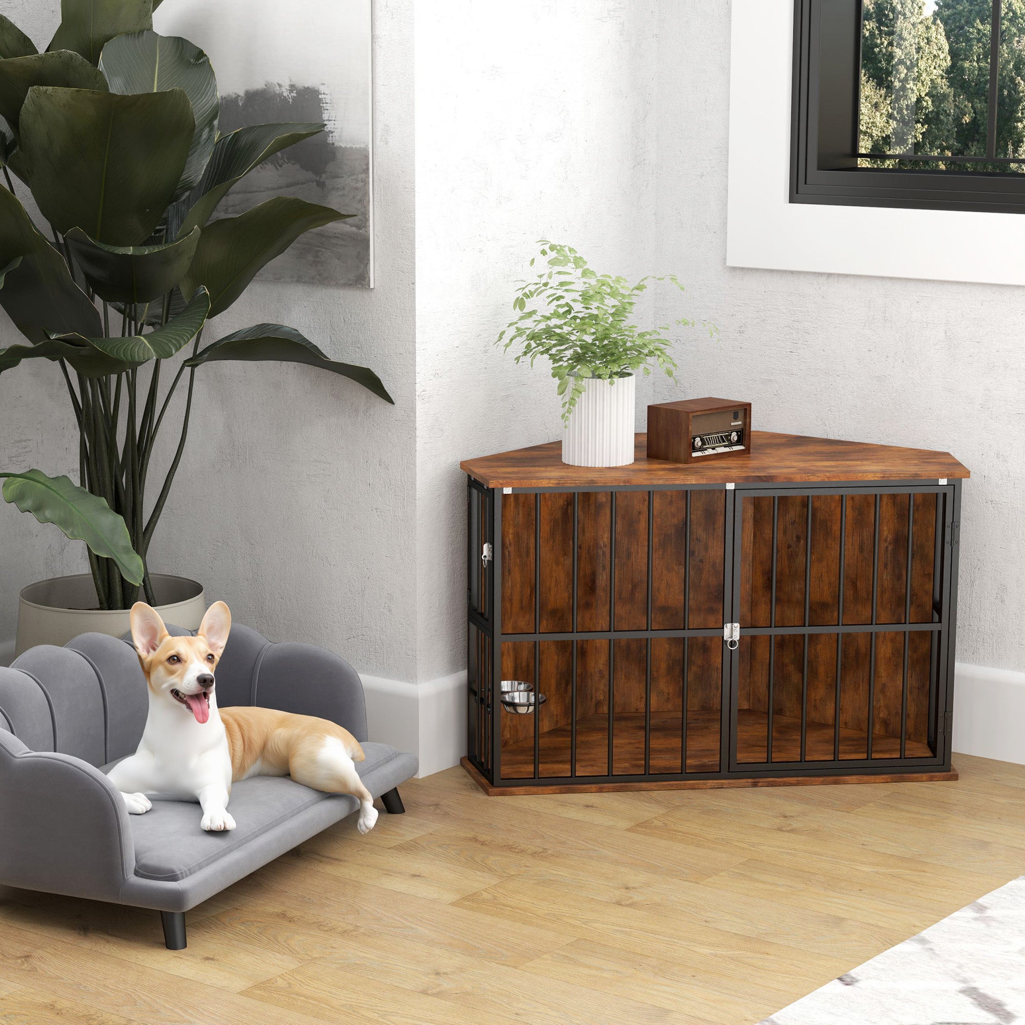 PawHut Corner Dog Crate Furniture with 2 Bowls, Lockable Doors, for Small Medium Dogs, Rustic Brown - North Peak Garden Furniture