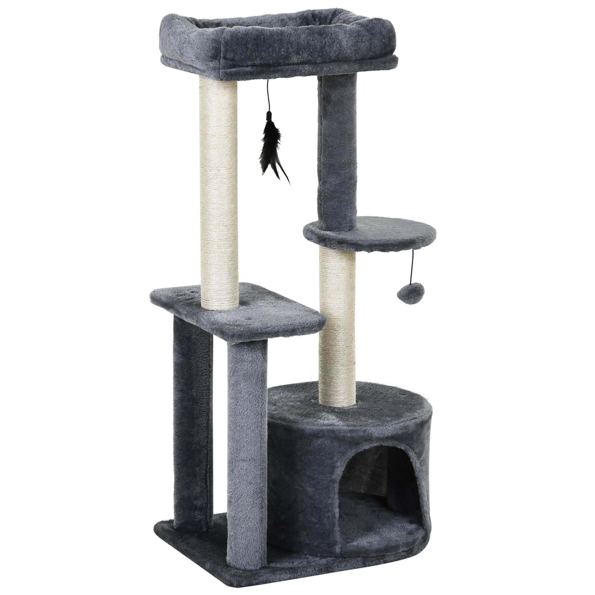 PawHut 100cm Cat Tree for Indoor Cats, Cat Tower Condo for Kittens with Cat House Sisal Scratching Posts, Hanging Ball Toys, Perches - Grey - North Peak Garden Furniture