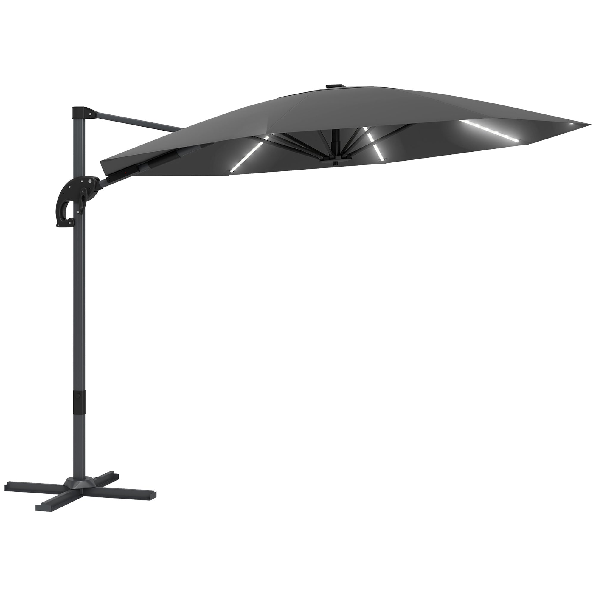 Outsunny 3(m) Cantilever Garden Parasol with Solar Powered Lights, Crank Handle & Cross Base, UPF 50+, 360° Rotation, Dark Grey - North Peak Garden Furniture