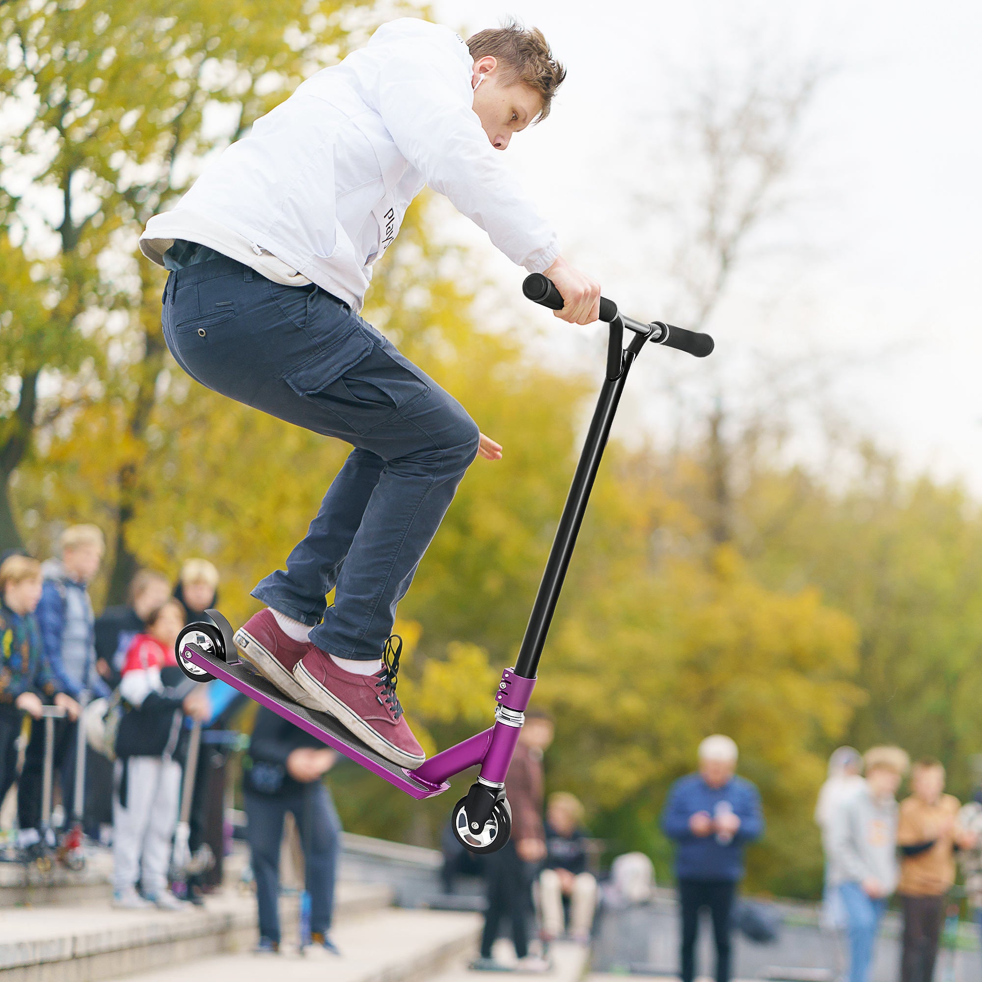 HOMCOM Stunt Scooter, 360° Entry Level Tricks Scooter w/ Lightweight Aluminium Deck and ABEC 7 Bearing, For Age 14+ Beginners, Purple - North Peak Garden Furniture