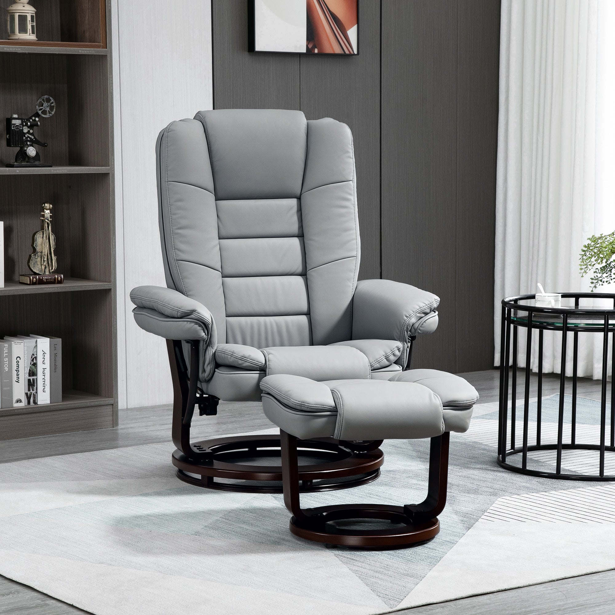 HOMCOM Manual Recliner and Footrest Set PU Leather Leisure Lounge Chair Armchair with Swivel Wood Base, Grey - North Peak Garden Furniture