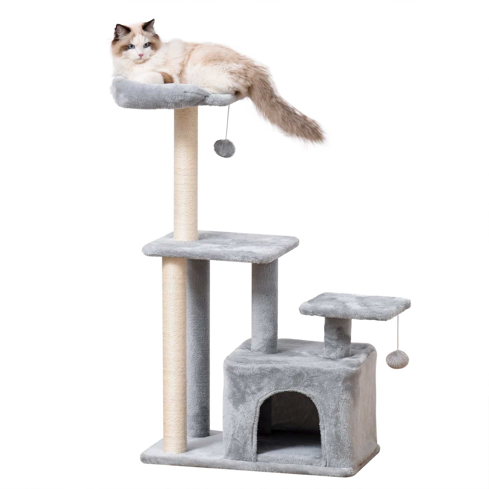 PawHut Cat Tree Tower for Indoor Cats 114cm Climbing Activity Centre Kitten with Sisal Scratching Post Perch Hanging Ball Condo Toy Light Grey - North Peak Garden Furniture