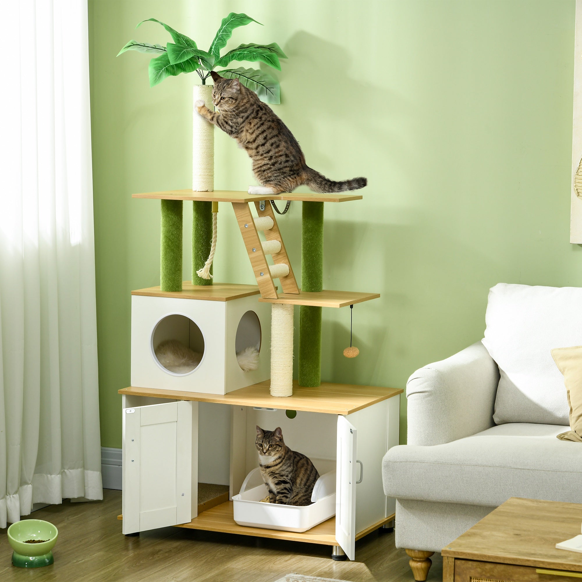 PawHut 2-in-1 Hidden Cat Litter Box, Green Leaf Cat Tree, with House, Ladder, Scratching Posts, Platforms, Indoors -Oak - North Peak Garden Furniture