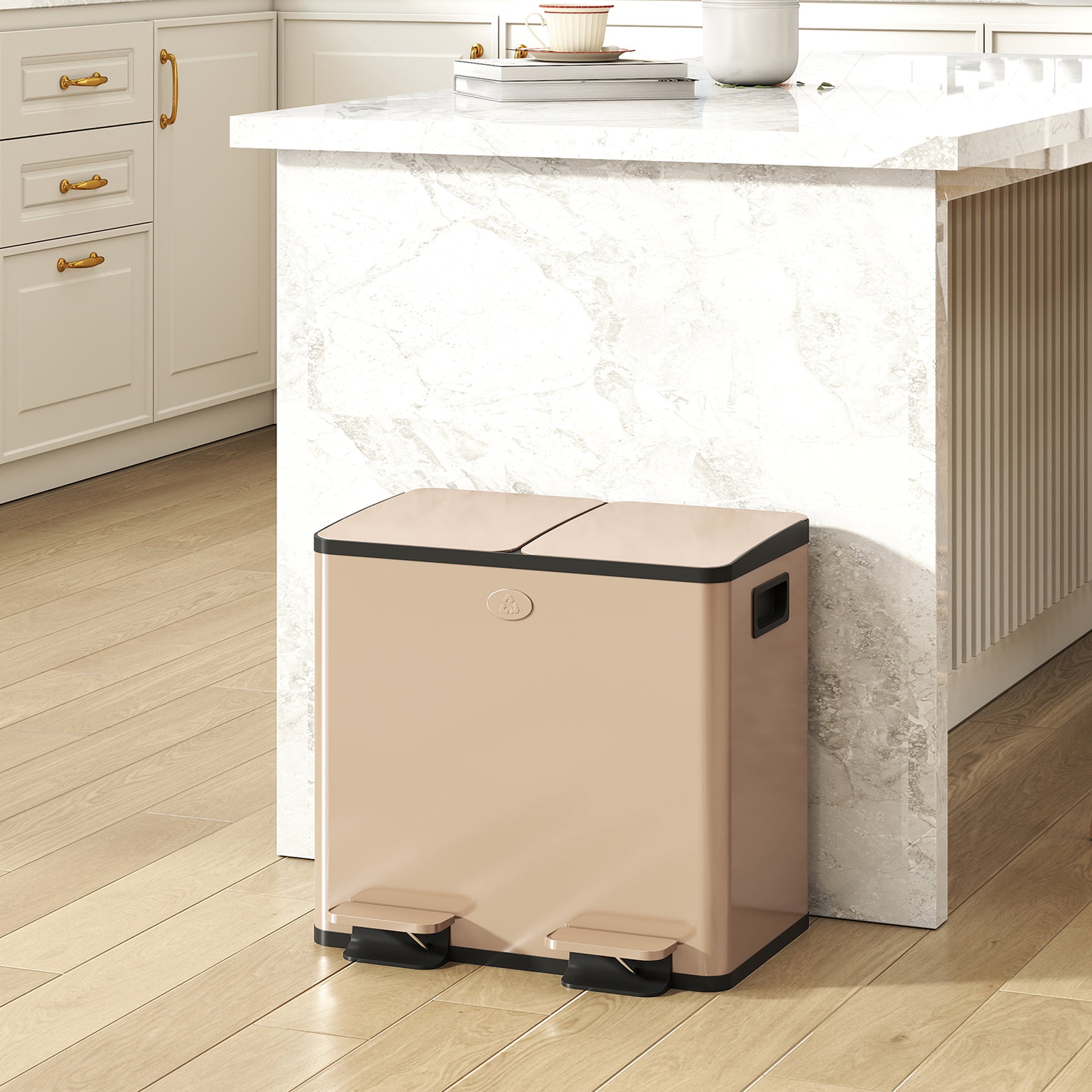 HOMCOM 30L Dual Compartment Stainless Steel Bin, with Deodoriser Holders - Gold Tone