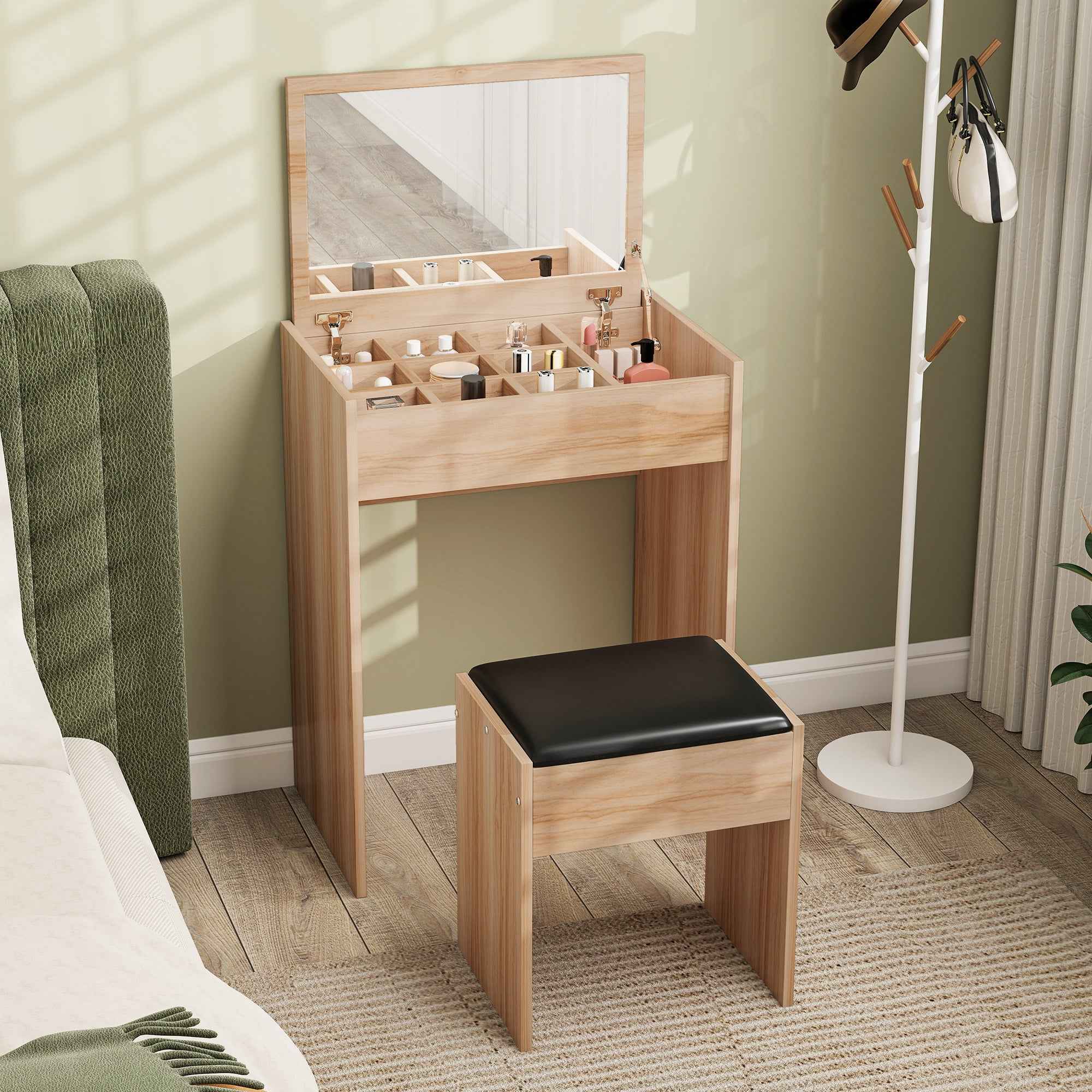 HOMCOM Dressing Table with Mirror and Stool, Vanity Makeup Table with Flip Up Mirror, Vanity Desk with Storage Unit and Padded Seat, Wood