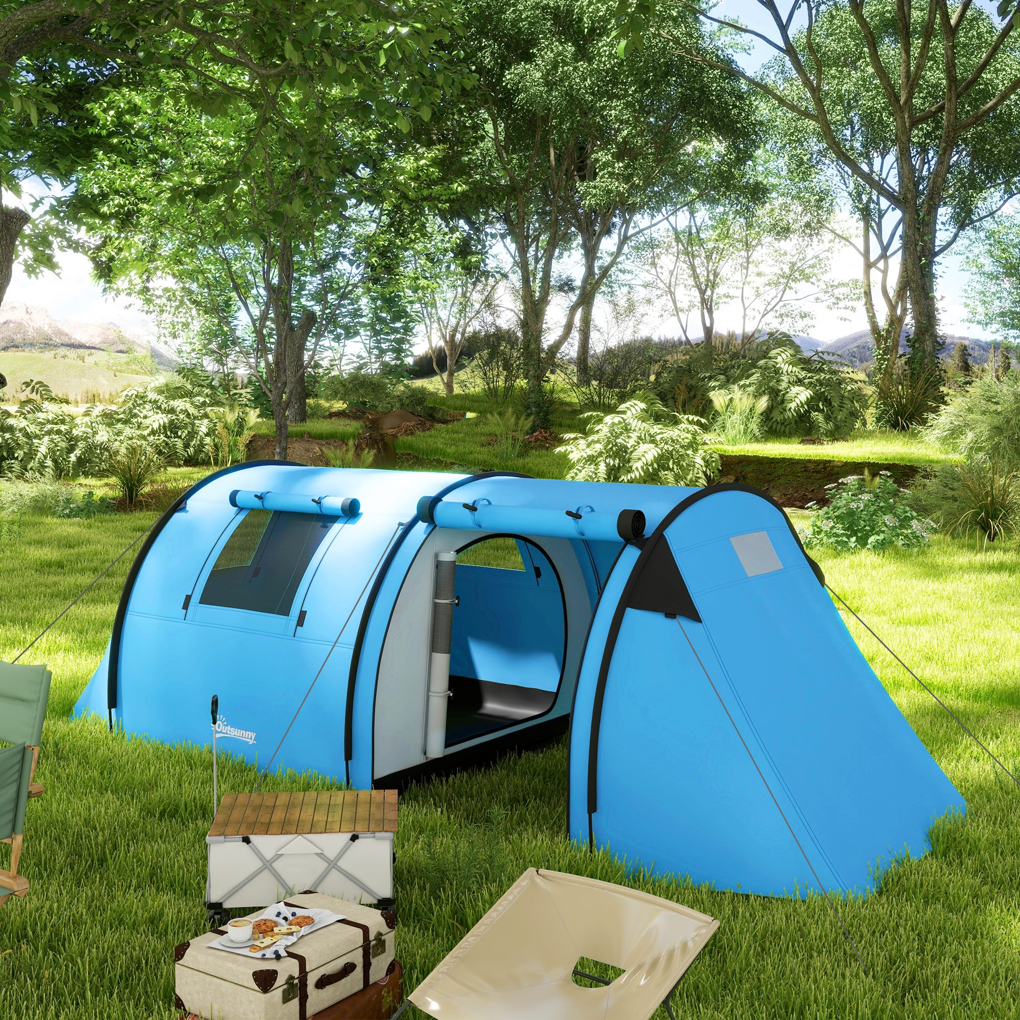 Outsunny Four Man Duo Room Tunnel Tent, with Accessories - Sky Blue - North Peak Garden Furniture