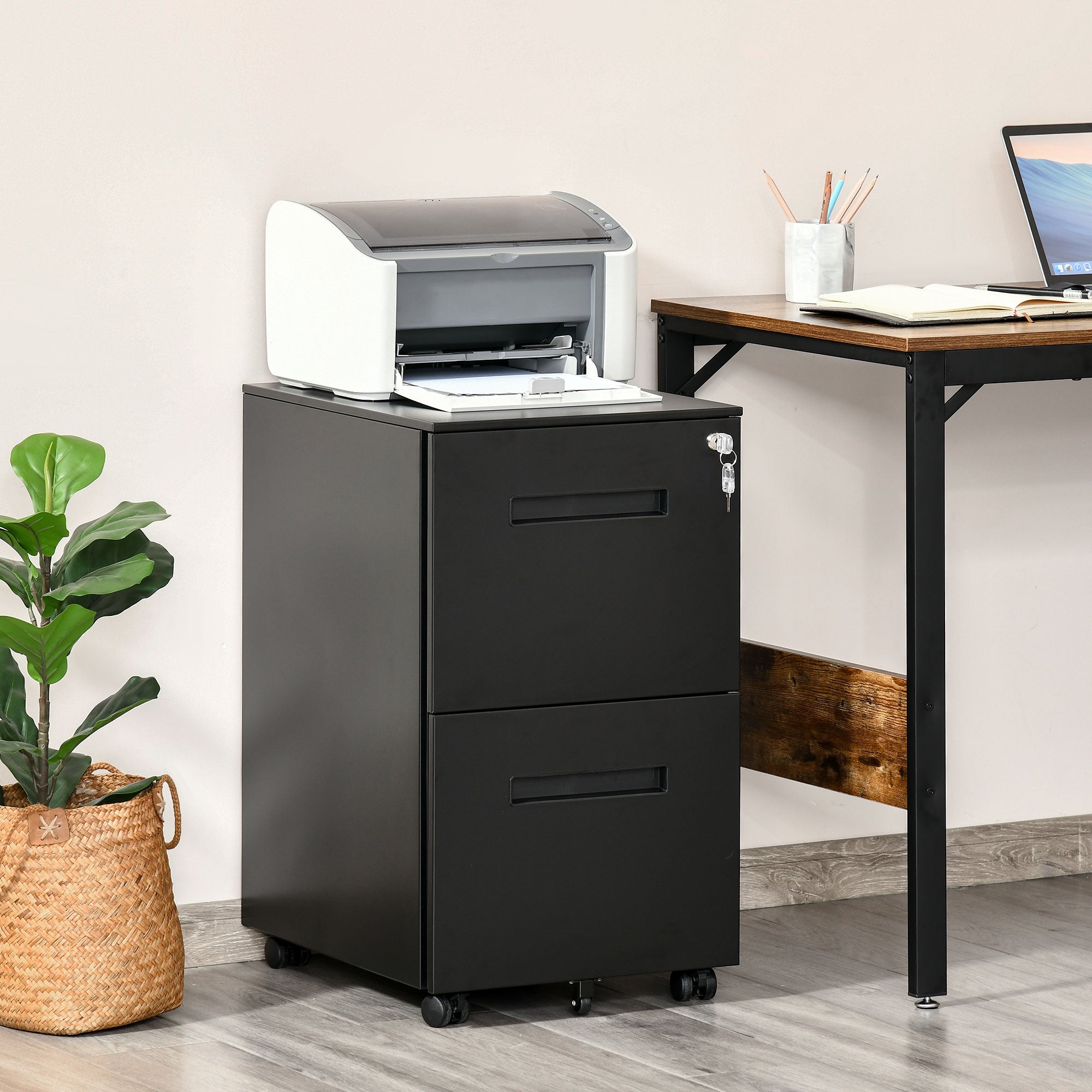 Vinsetto Mobile Steel File Cabinet, 2-Drawer Filing Cabinet, Vertical Lockable Home Office Organizer with Adjustable Partition for A4 Letter Size, Black - North Peak Garden Furniture