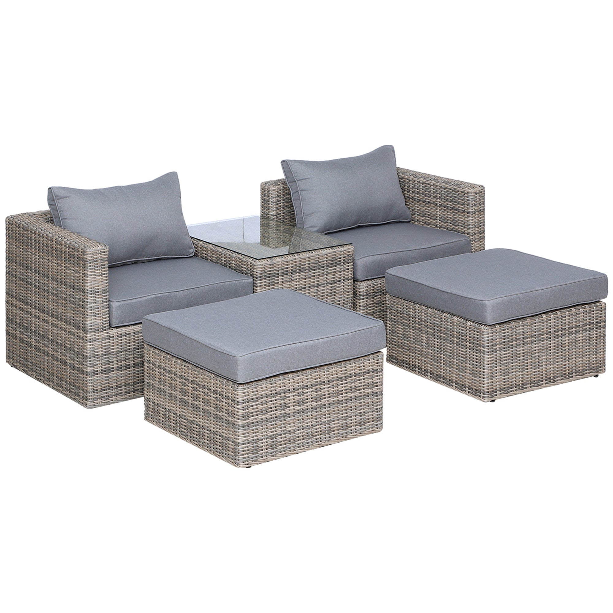 Outsunny 5 Piece Rattan Garden Furniture Set w/ 10cm Thick Cushions, Aluminium Frame Wicker Outdoor Balcony Sofa Set with Corner Armchairs, Ottomans, and Glass Top Table, Mixed Brown - North Peak Garden Furniture