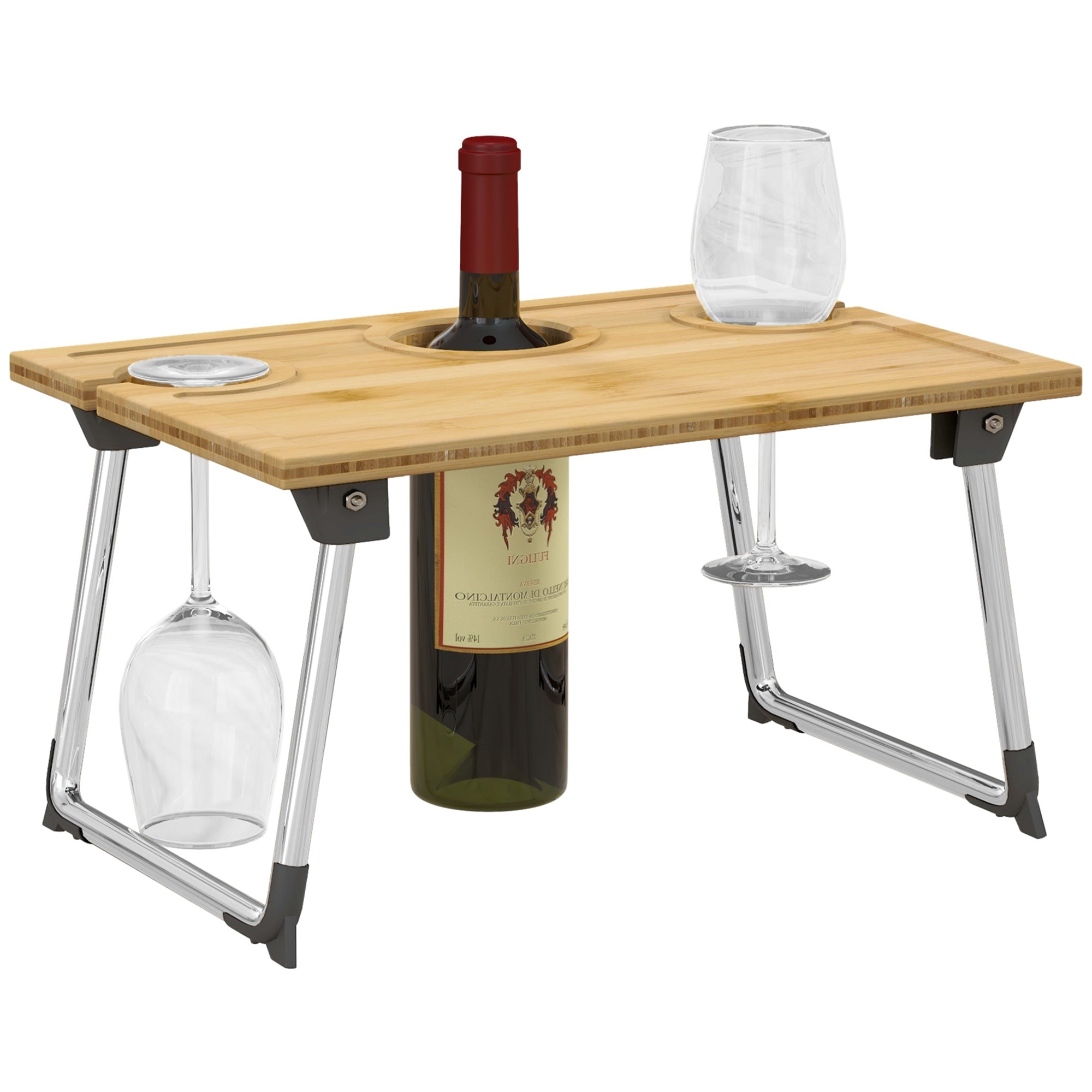 HOMCOM Portable Bamboo Top Wine and Glass Picnic Table - North Peak Garden Furniture