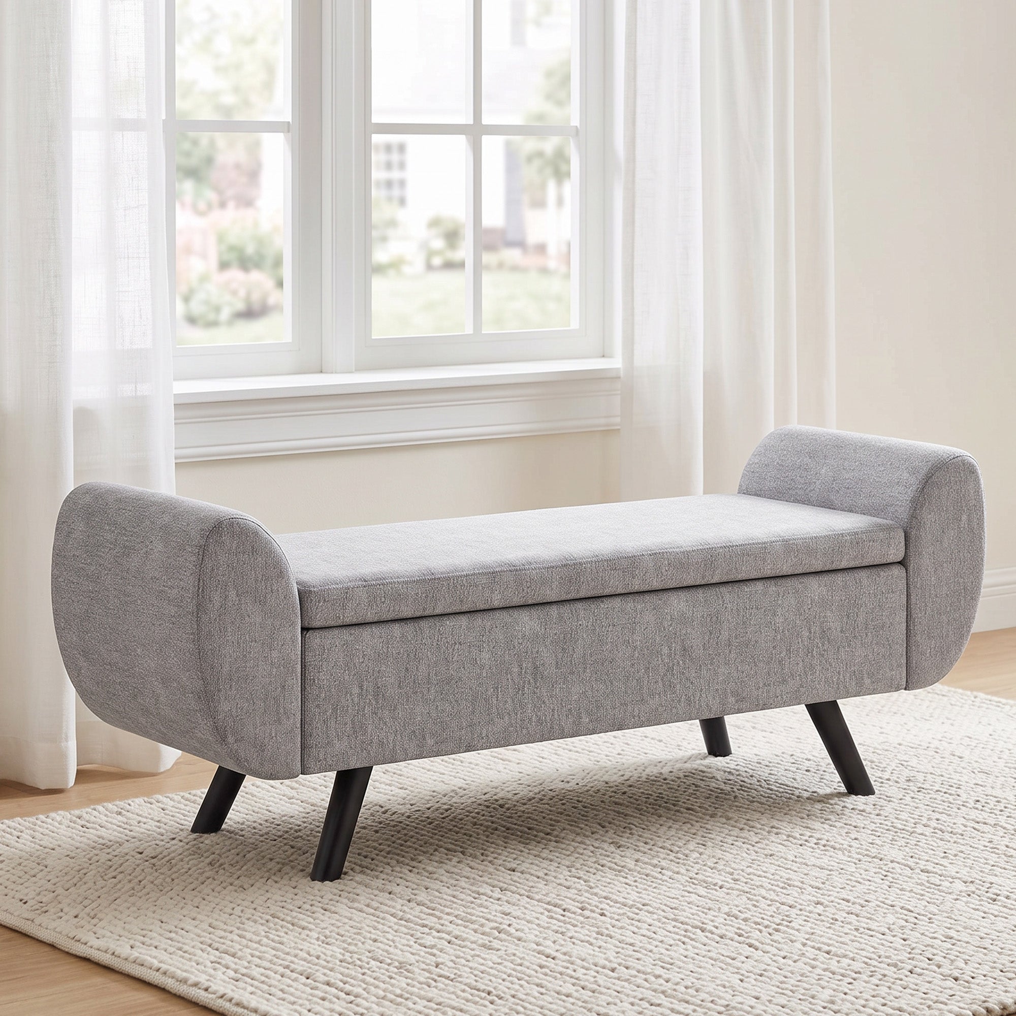 HOMCOM Storage Ottoman with Armrest, Upholstered Linen Storage Bench, Window Seat with Rubberwood Legs, Footstool for Bedroom Living Room, Hallway, Dark Grey