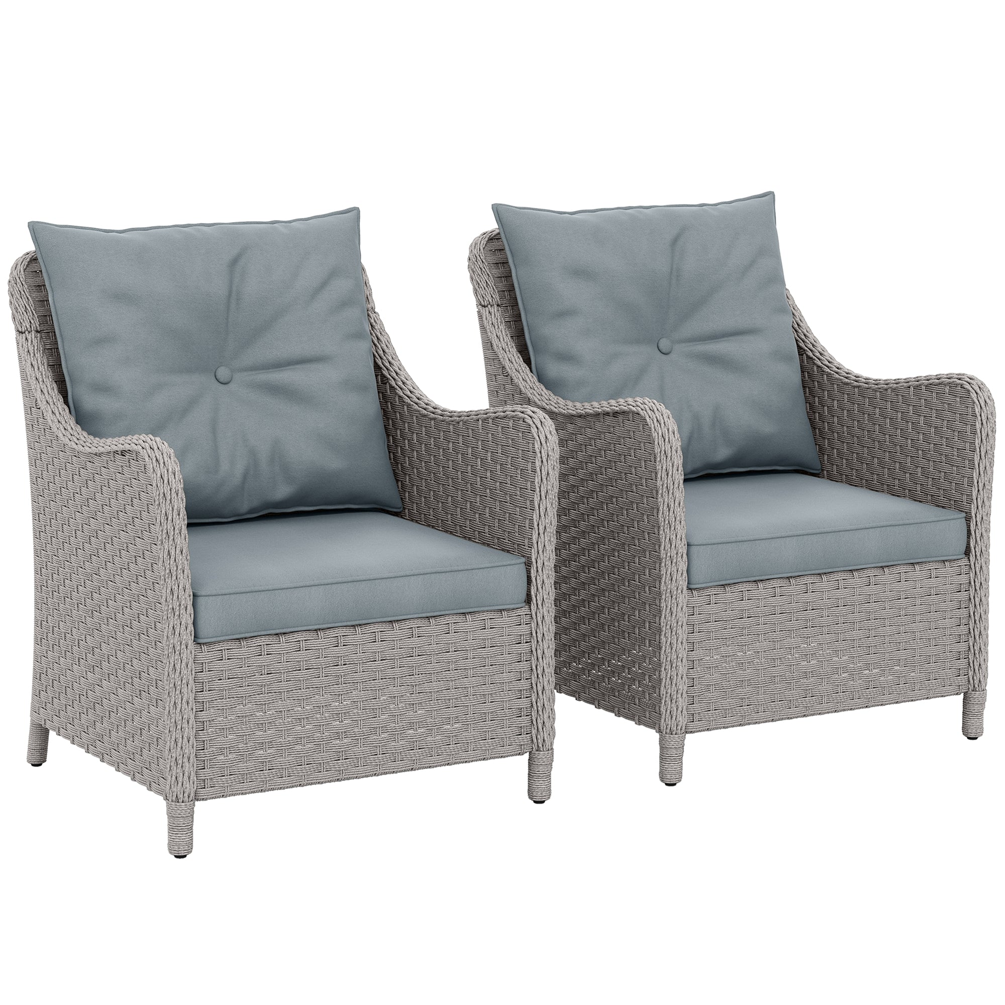 Outsunny Rattan Garden Chairs Set of 2, Outdoor Rattan Chairs with Cushions, Armrests and High Back, PE Wicker Garden Armchair with Steel Frame for Balcony, Porch, Light Grey