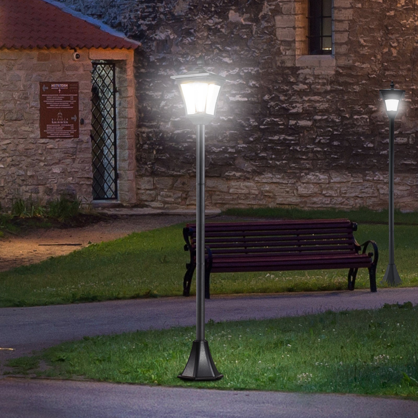 Outsunny 2 Pieces Outdoor Garden Solar Post Lamp Sensor Dimmable LED Lantern Bollard Pathway 1.6M Tall – Black - North Peak Garden Furniture