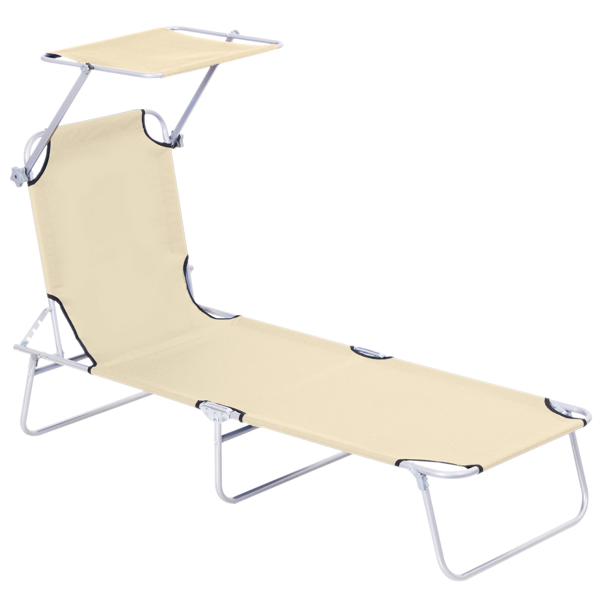 Outsunny Outdoor Foldable Sun Lounger, 4 Level Adjustable Backrest Reclining Sun Lounger Chair with Angle Adjust Sun Shade Awning for Beach, Garden, Patio, Beige - North Peak Garden Furniture