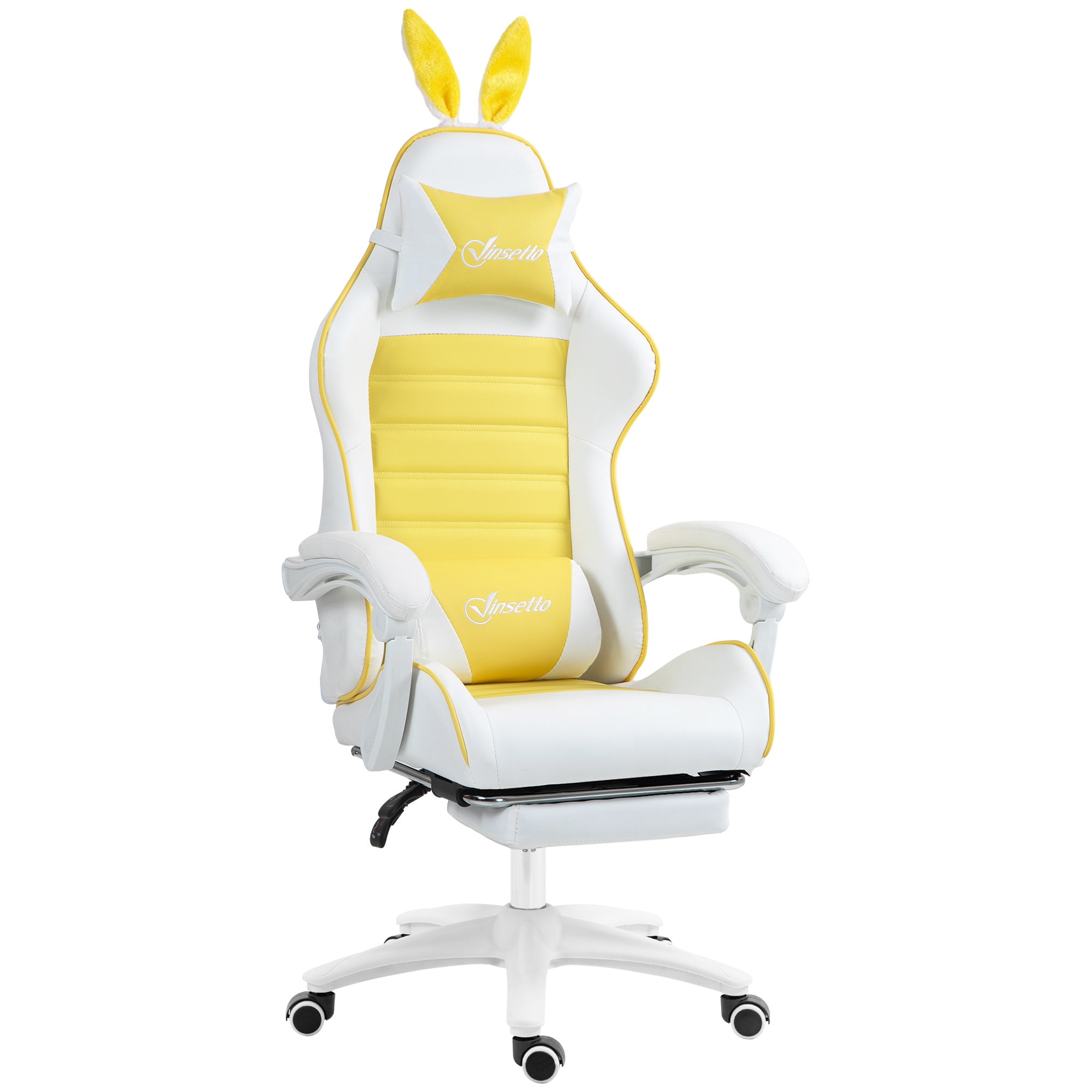 Vinsetto Racing Gaming Chair, Reclining PU Leather Computer Chair with Removable Rabbit Ears, Footrest, Headrest and Lumber Support, Yellow - North Peak Garden Furniture