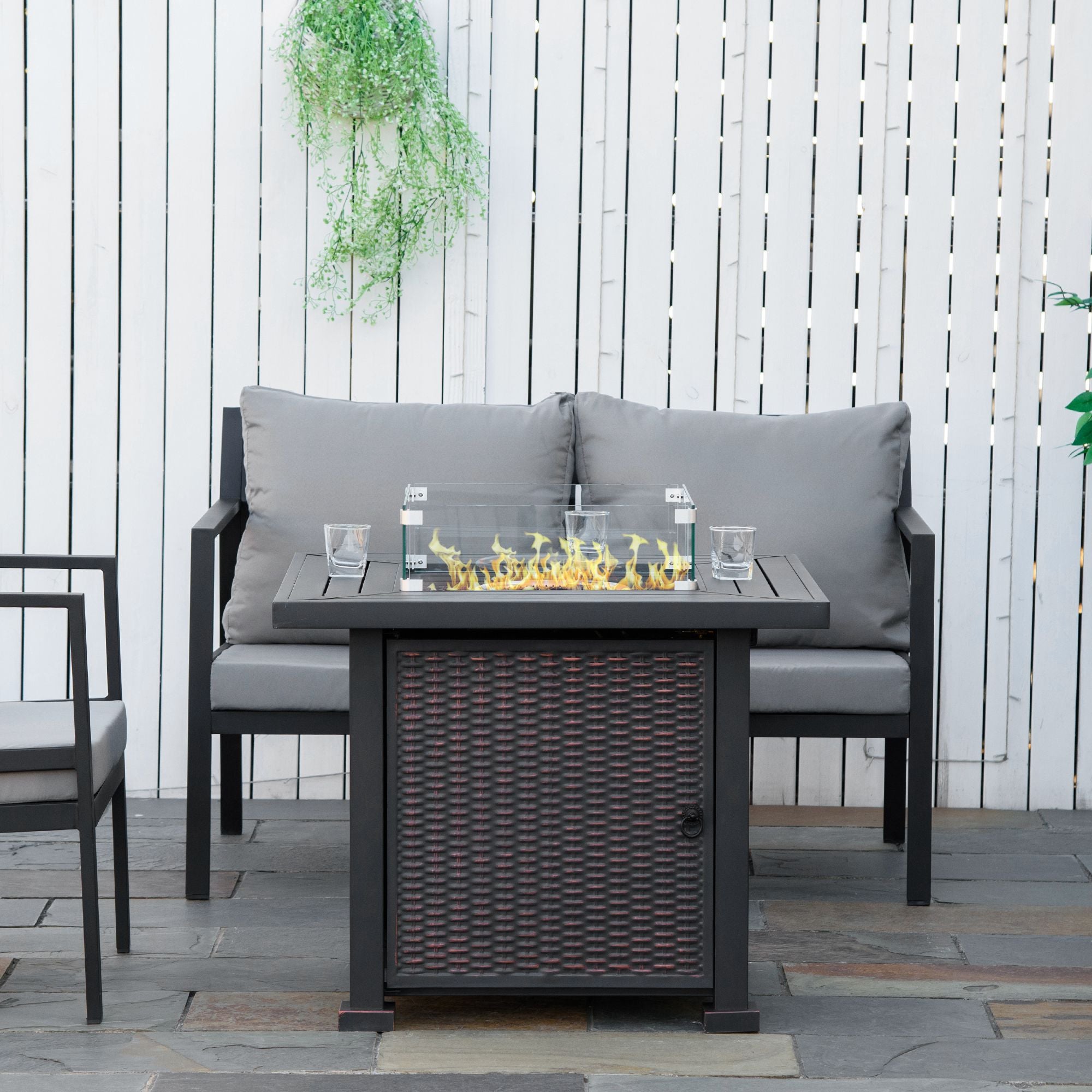 Outsunny Square Propane Gas Fire Pit Table, 50000 BTU Rattan Smokeless Firepit Patio Heater with Glass Screen, Glass Beads and Lid, 81cm x 81cm x 64cm, Black - North Peak Garden Furniture