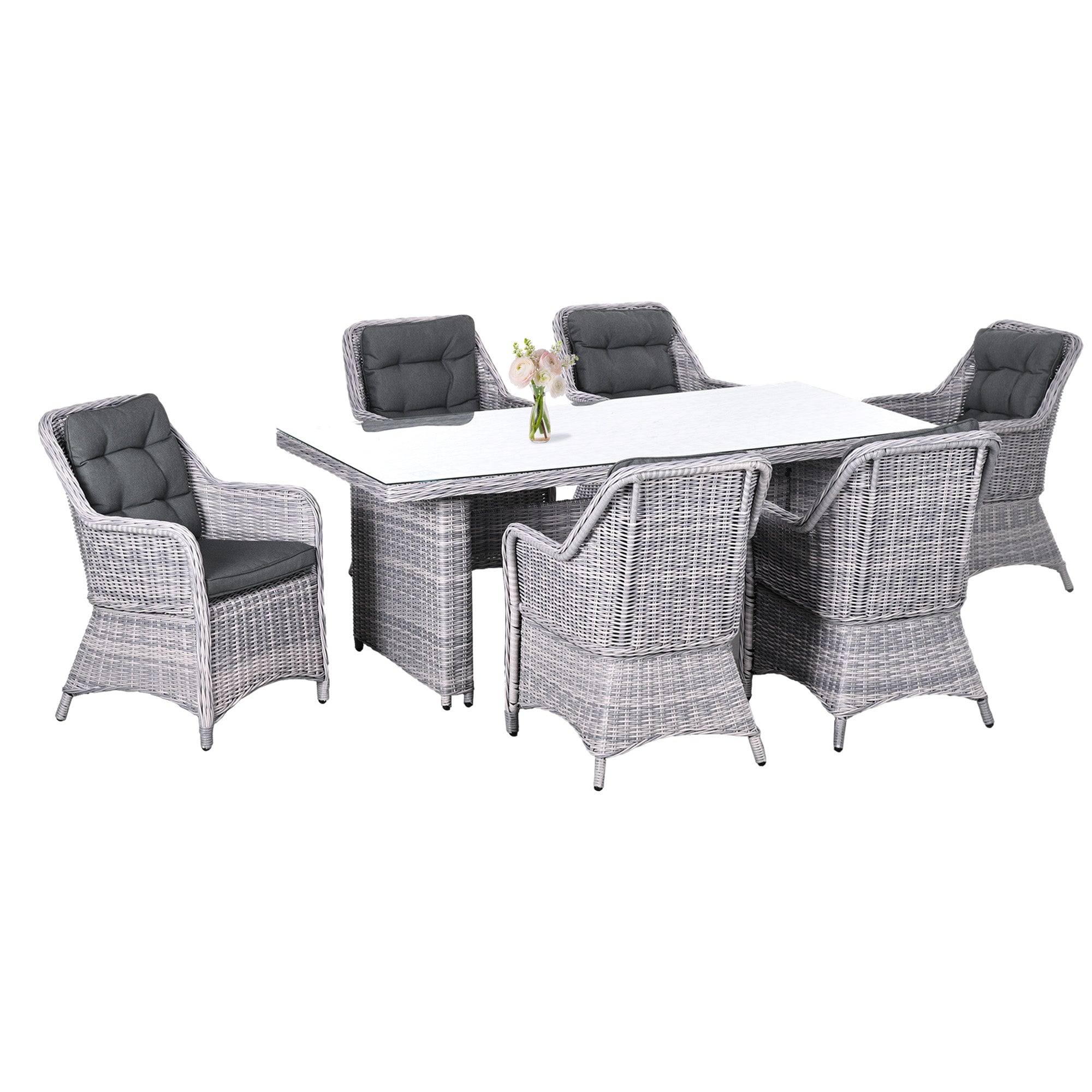 Outsunny 6 Seater Rattan Dining Set, Round PE Rattan Garden Furniture Set with Seat and Back Cushions, Aluminium Outdoor Dining Table and Chairs with 6 Armchairs, Rectangular Glass Top Table, Grey - North Peak Garden Furniture