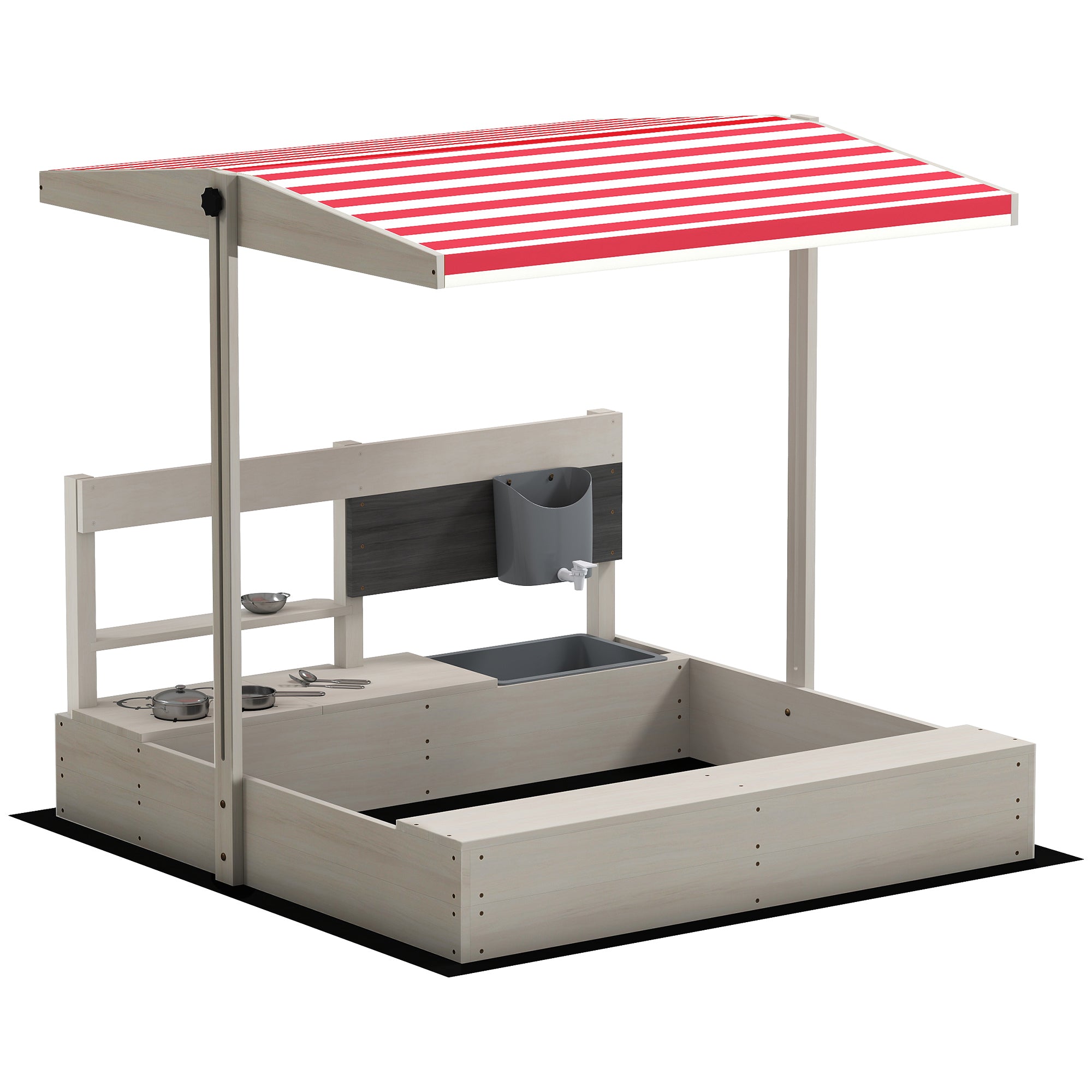 Outsunny Kids Wooden Sandbox w/ Canopy, Kitchen Toys, Seat, Storage, for 3-7 Years Old Outdoor Play - North Peak Garden Furniture
