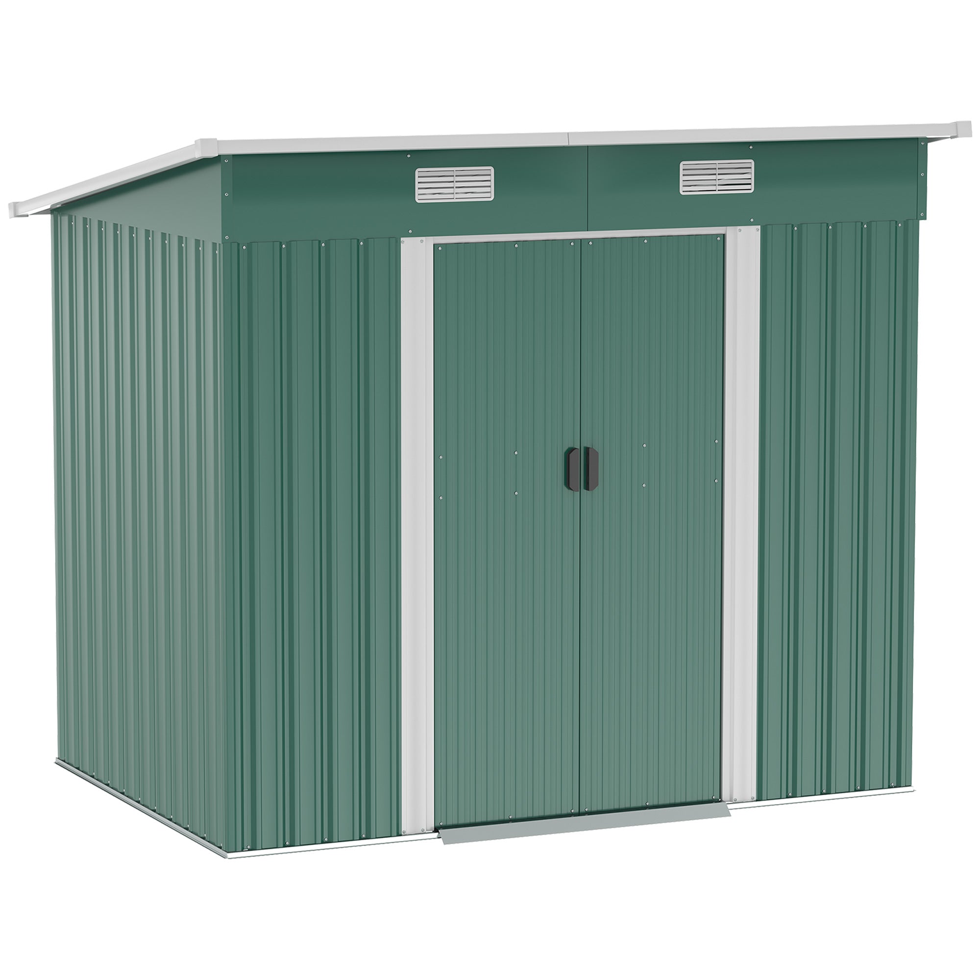 Outsunny 7 x 4ft Outdoor Storage Shed with Foundation Kit, Lean to Metal Garden Shed for Log, Rubbish Bin, Tool, Lawnmower, Bike, Patio and Lawn Use, Green - North Peak Garden Furniture