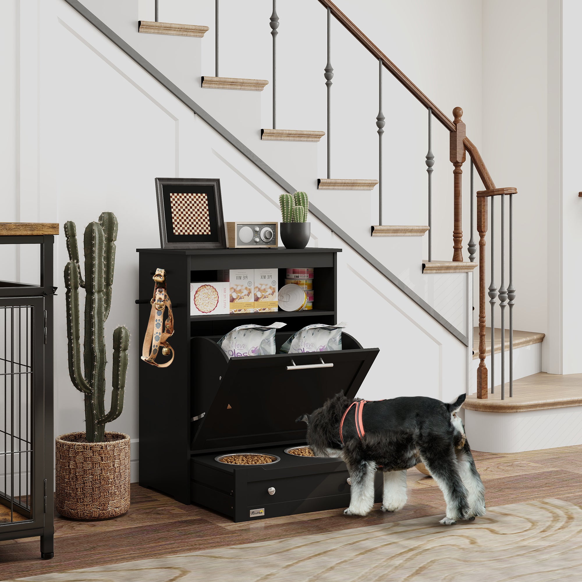 PawHut Pet Feeder Station, Dog, Cat Storage Container, with Raised Bowls, Hanger, Cabinet - Black - North Peak Garden Furniture