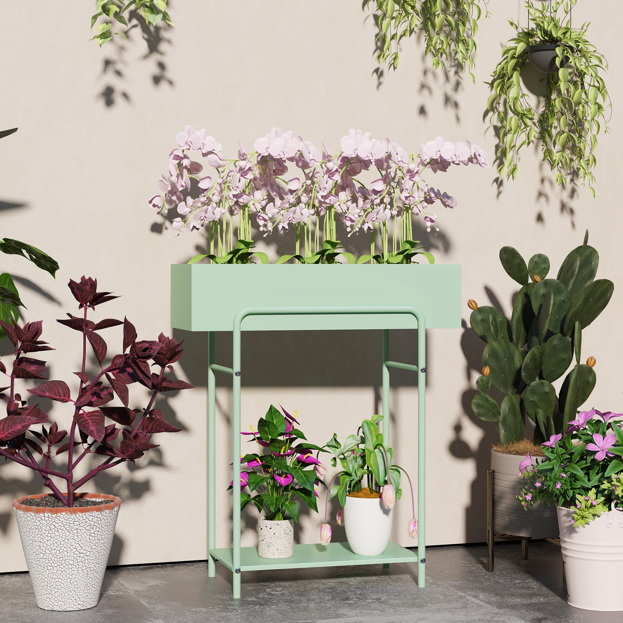 Outsunny 2 Tier Plant Stand, Metal Plant Rack Shelf with Drain Holes, Floor-standing Flower Pot Stand for Indoor Outdoor Garden Patio Balcony Living Room, Green - North Peak Garden Furniture