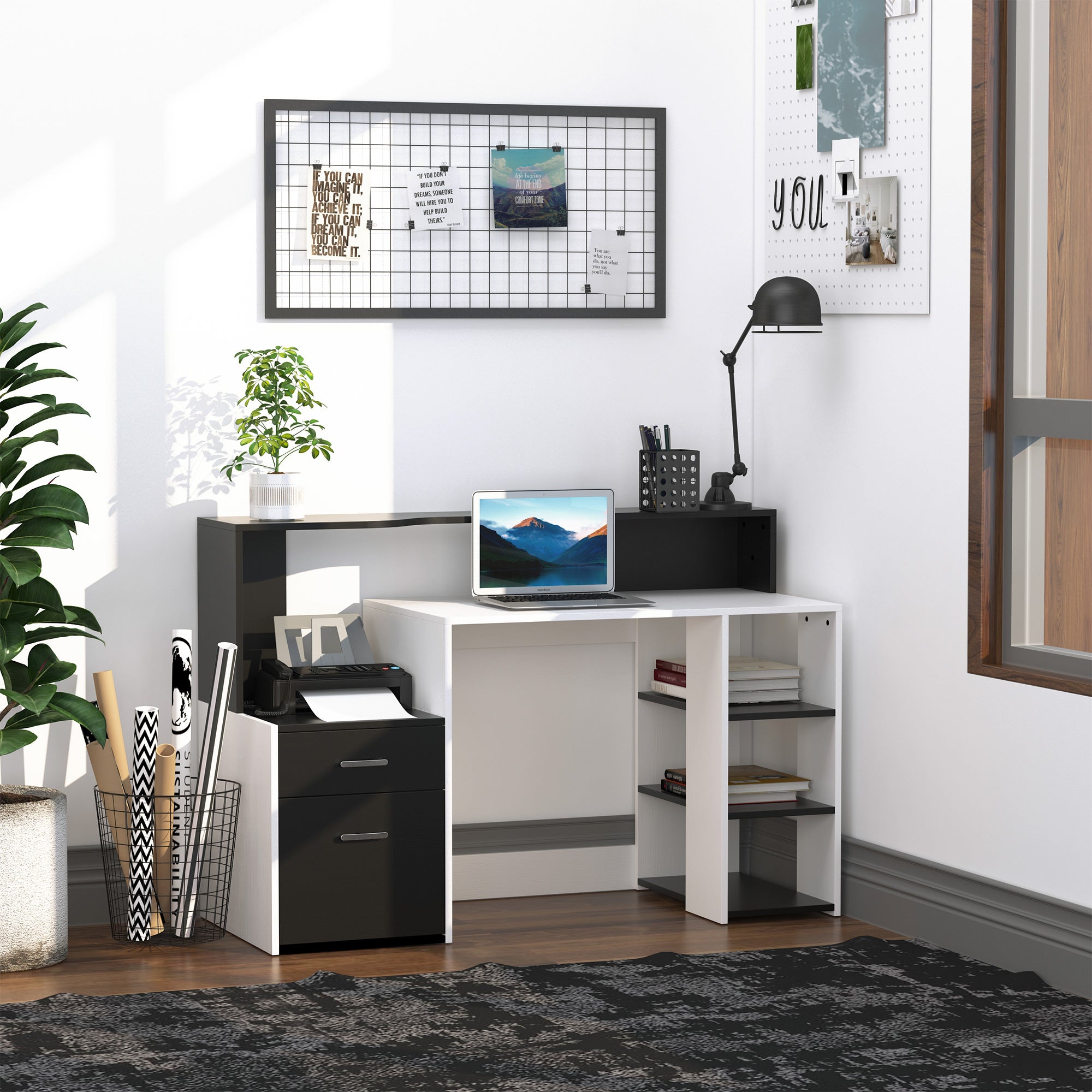 HOMCOM Computer Desk with Drawers and Storage Shelves, Reception Desk, Study Workstation for Home Office, 137 x 55 x 92cm, Black and White - North Peak Garden Furniture