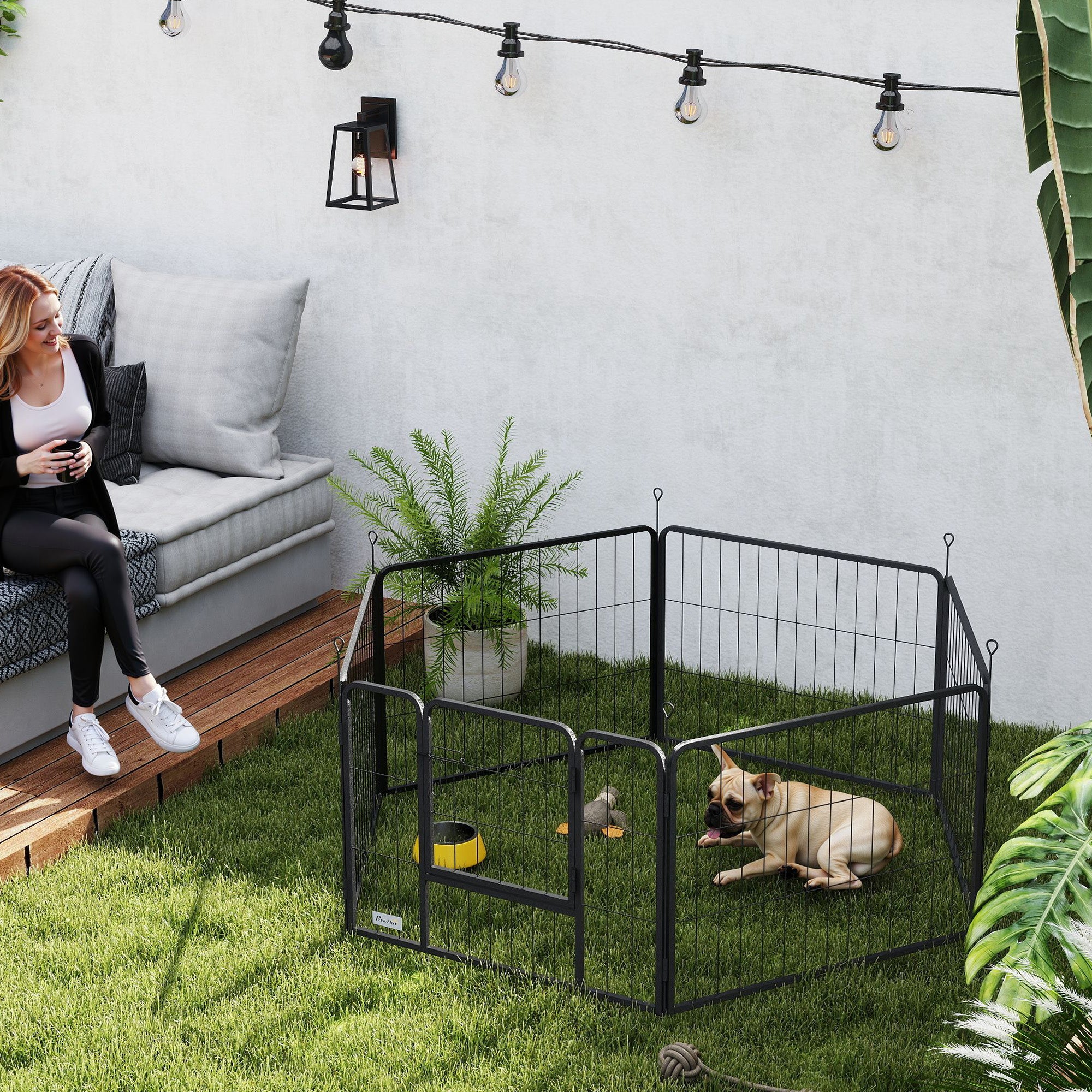 PawHut 6 Panels Dog Playpen, Portable Detachable Puppy Pen with Door, for Small Dogs, 60cm High, Black - North Peak Garden Furniture