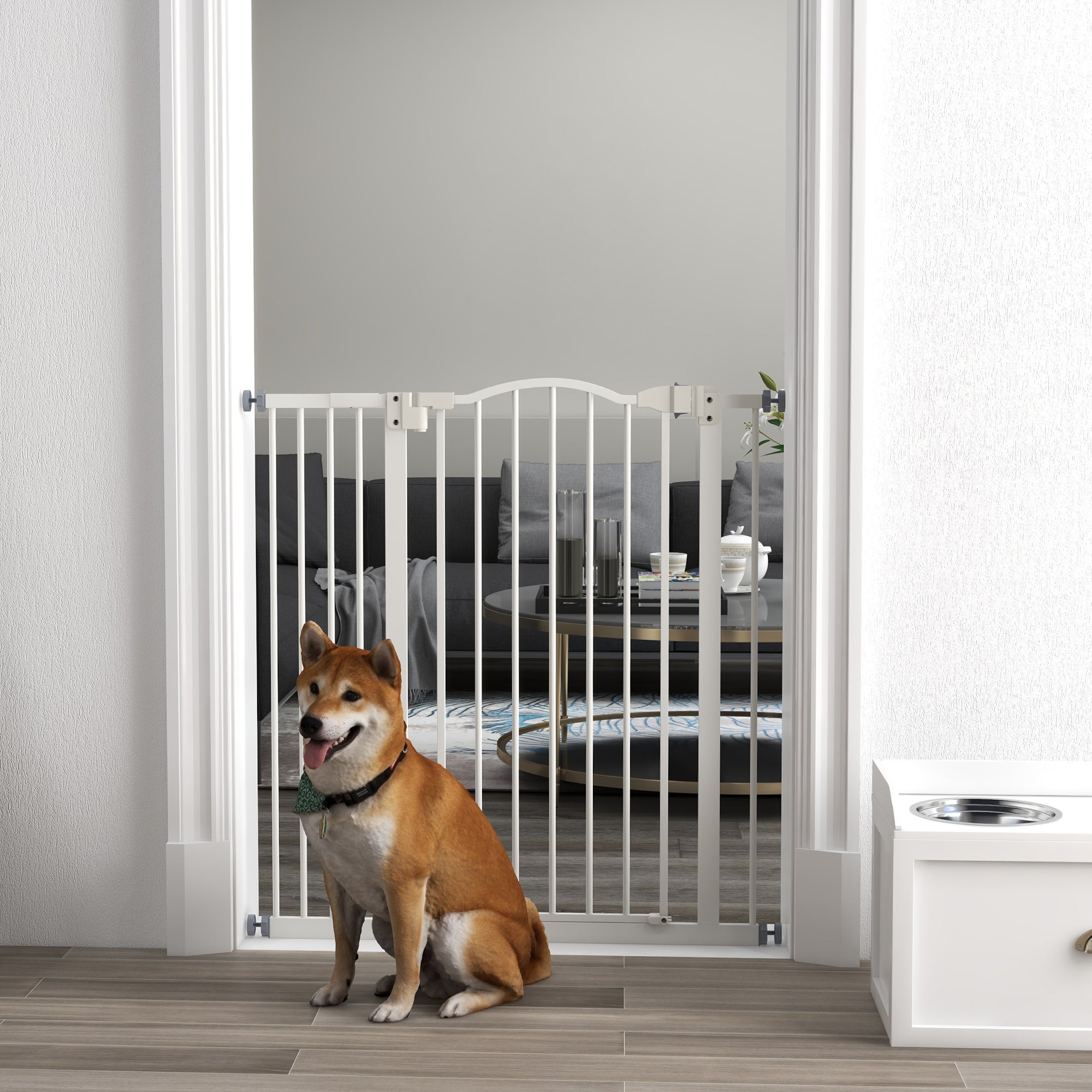 PawHut Pressure Fit Dog Stair Gate No Drilling Safety Gate Auto Close for Doorways, Hallways, 74-94cm Adjustable, 94cm Tall, White - North Peak Garden Furniture