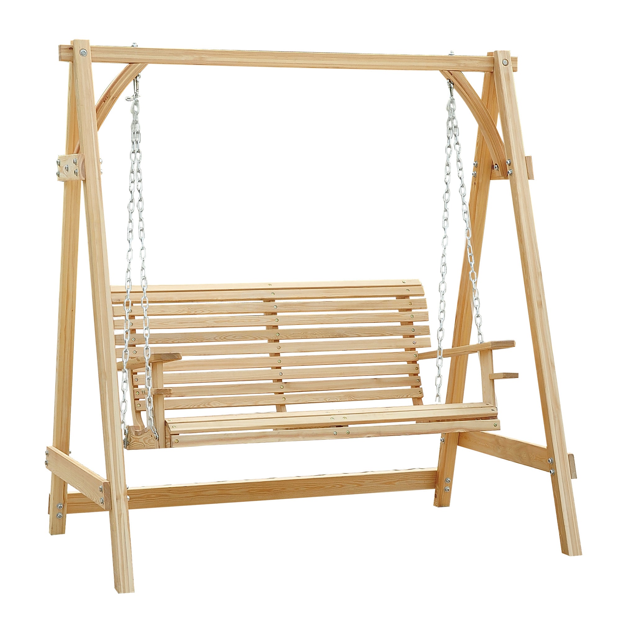 Outsunny 2 Seater Garden Swing Seat, Wooden Swing Chair Bench with Cup Holders for Outdoor Porch Patio, Natural