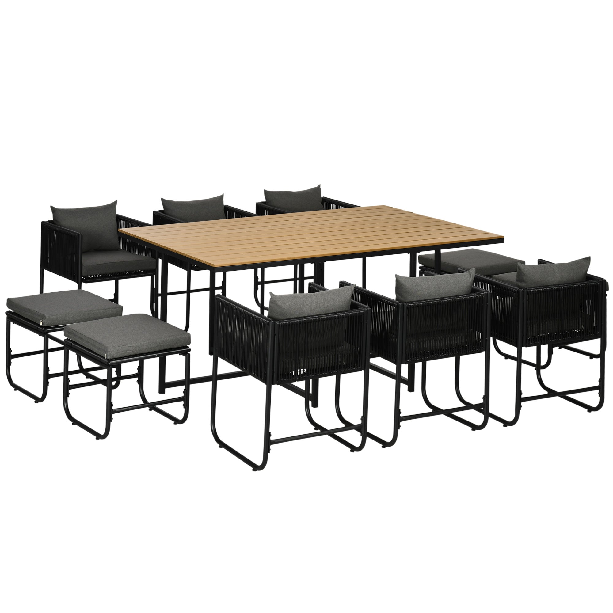 Outsunny 10 Seater Rattan Cube Garden Furniture Set, Rattan Dining Set with Cushions, Outdoor Dining Table and Chairs with 6 Armchairs, 4 Stools, Rectangular Wood Grain Plastic Top Table, Black - North Peak Garden Furniture