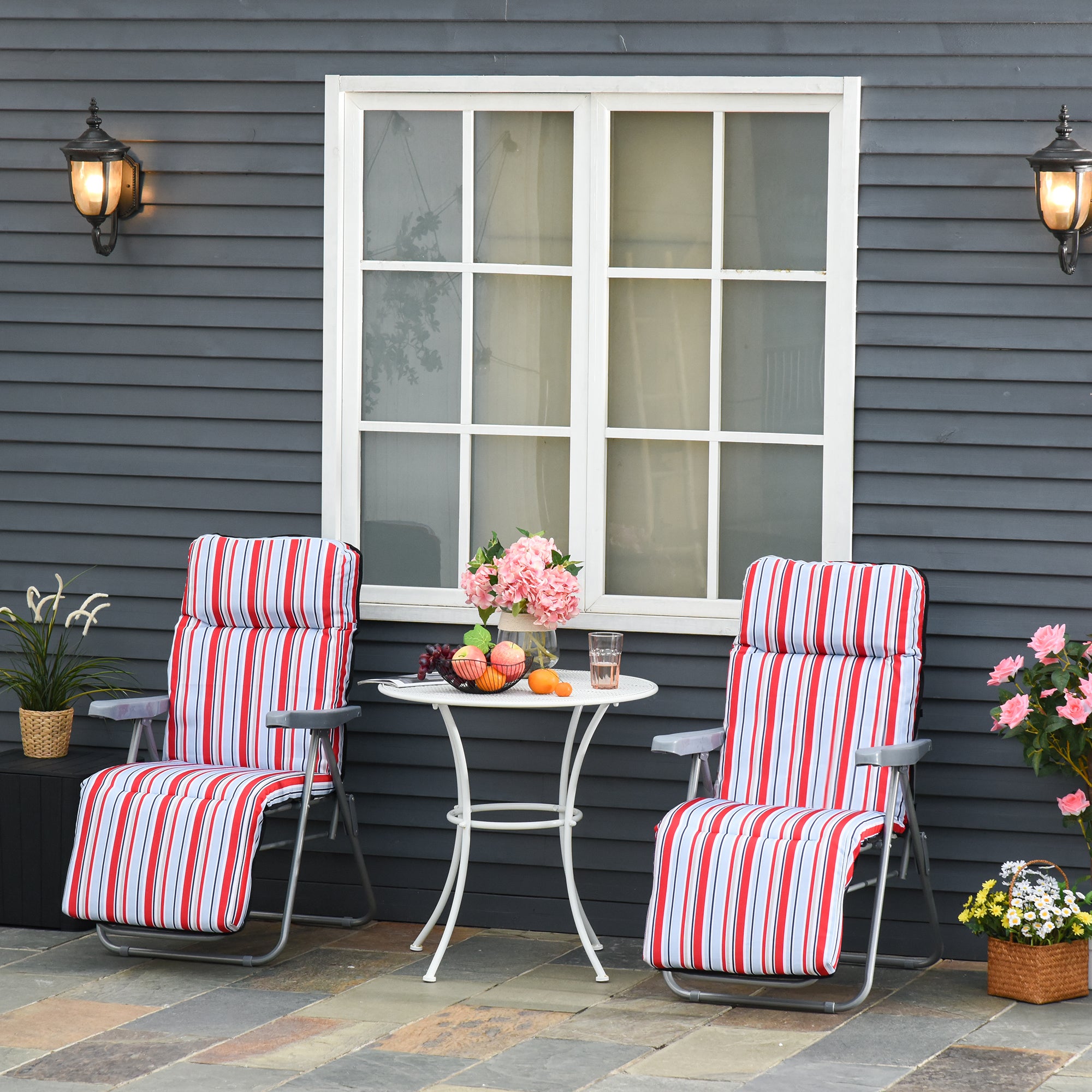 Outsunny Set of 2 Garden Sun Lounger Outdoor Reclining Seat Cushioned Seat Foldable Adjustable Recliner Red and White - North Peak Garden Furniture