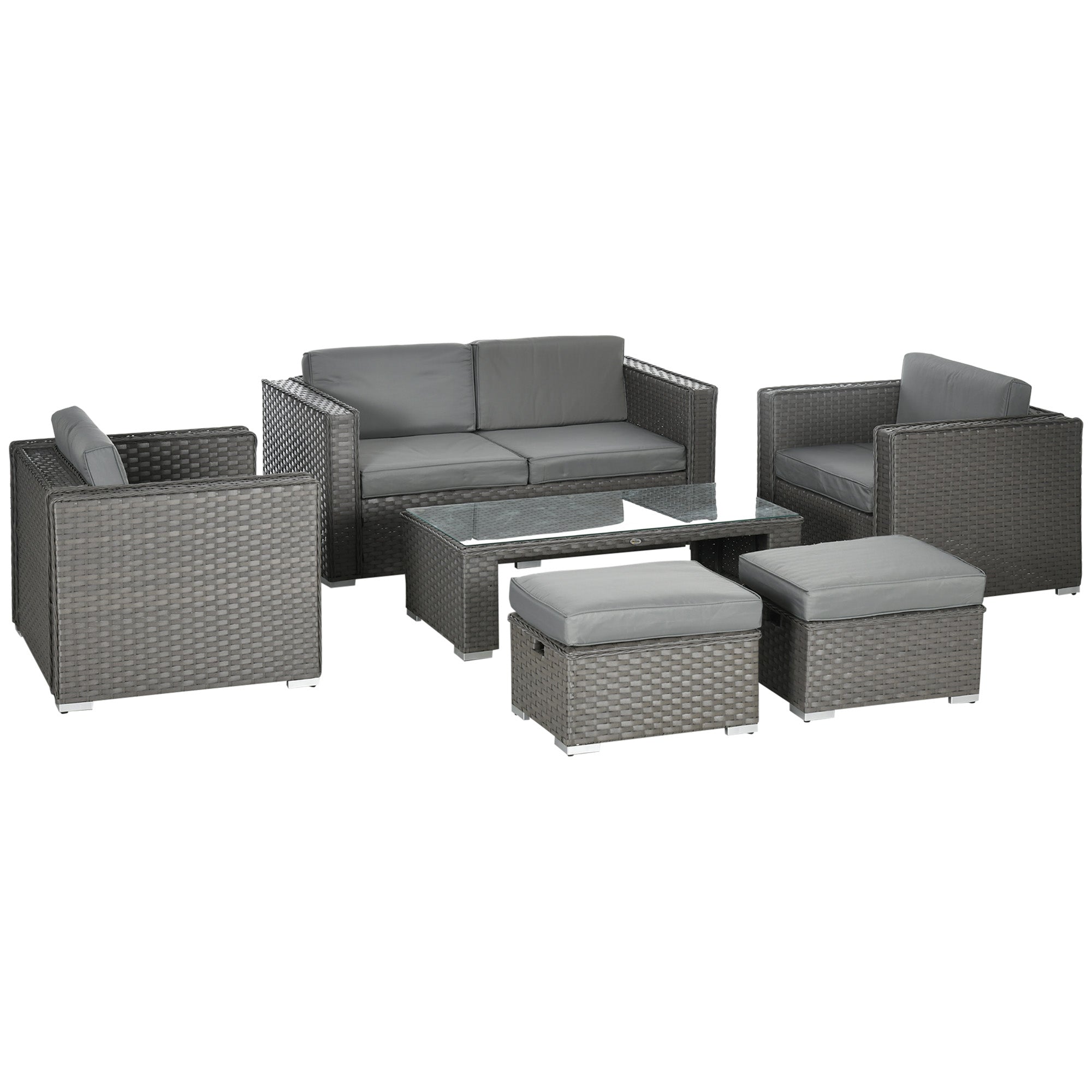 Outsunny 6PC Garden Rattan Sofa Set Bonzer Outdoor Furniture Patio Table Loveseat Stool Lounging Ottoman Aluminium Frame Wicker Weave Conservatory Grey - North Peak Garden Furniture