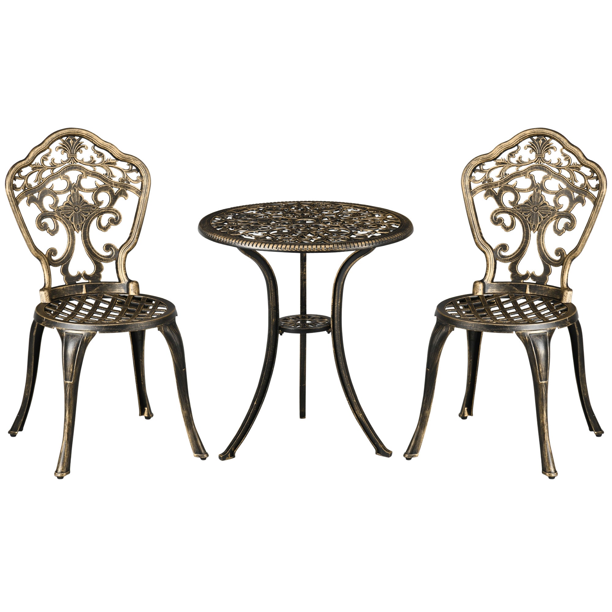 Outsunny 3 Piece Cast Aluminium Garden Bistro Set for 3 with Parasol Hole, Outdoor Coffee Table Set, Two Armless Chairs and Round Coffee Table for Balcony, Patio, Bronze - North Peak Garden Furniture
