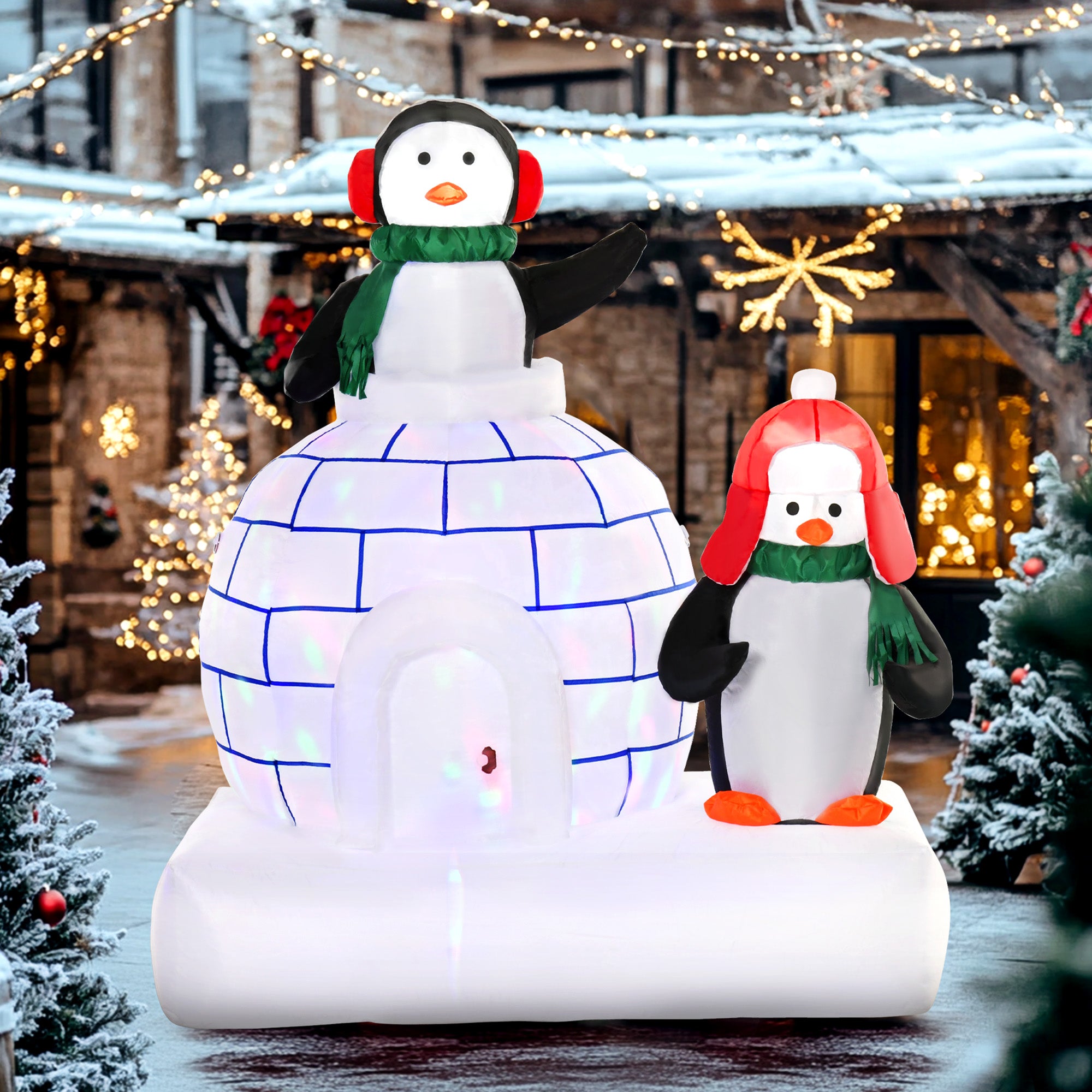 HOMCOM 5ft Christmas Inflatable Two Penguins Wearing a Scarf with Ice House Blow Up Decor Home Indoors with Built-in LED Lights Outdoor Toys in Lawn Garden - North Peak Garden Furniture