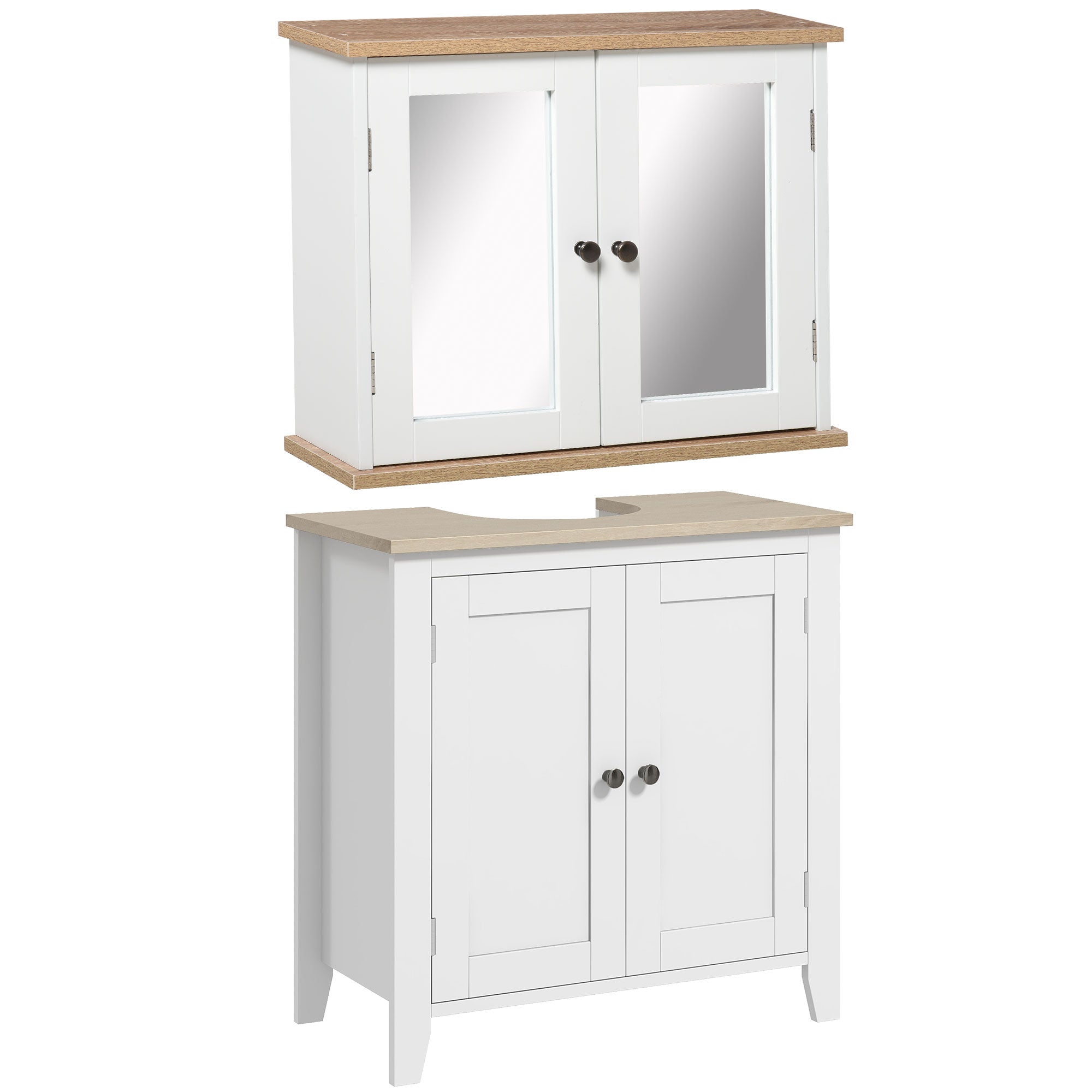 kleankin Bathroom Furniture Set, Mirror Cabinet Wall Mounted with Adjustable Shelf, Bathroom Sink Cabinet with Storage, White and Wood Grain - North Peak Garden Furniture