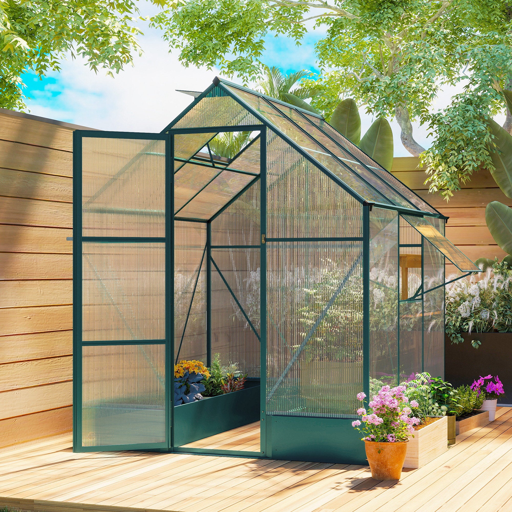Outsunny Garden Walk-in Aluminium Greenhouse Polycarbonate with Plant Bed, Temperature Controlled Window, Foundation, 6 x 6ft