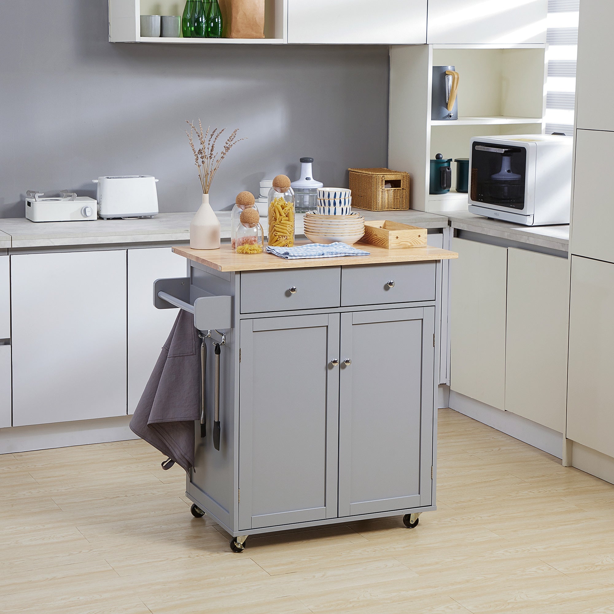 HOMCOM Rolling Kitchen Island on Wheels, Utility Serving Cart with Rubber Wood Top, Towel Rack, Hooks and Storage Drawers, Grey - North Peak Garden Furniture