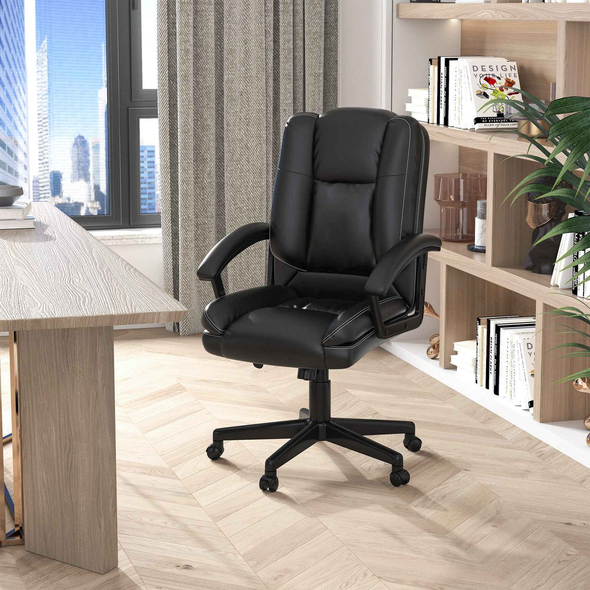 HOMCOM Office Chair, Faux Leather Computer Desk Chair, Mid Back Executive Chair with Adjustable Height and Swivel Rolling Wheels for Home Study, Black